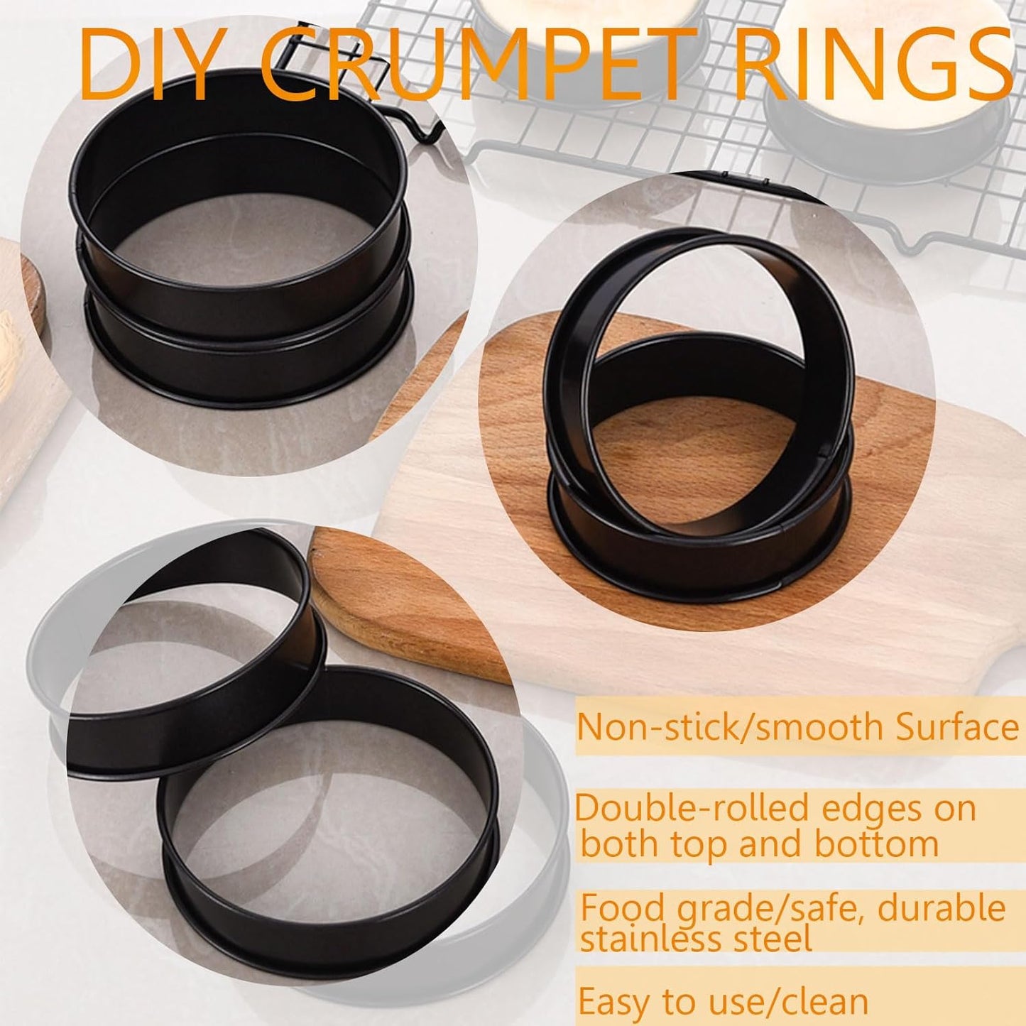 12Pieces Crumpet Rings Nonstick English Muffin Rings, 3.15 Inch Stainless Steel Double Rolled Metal Baking Tart Ring Molds for cookies, pastries