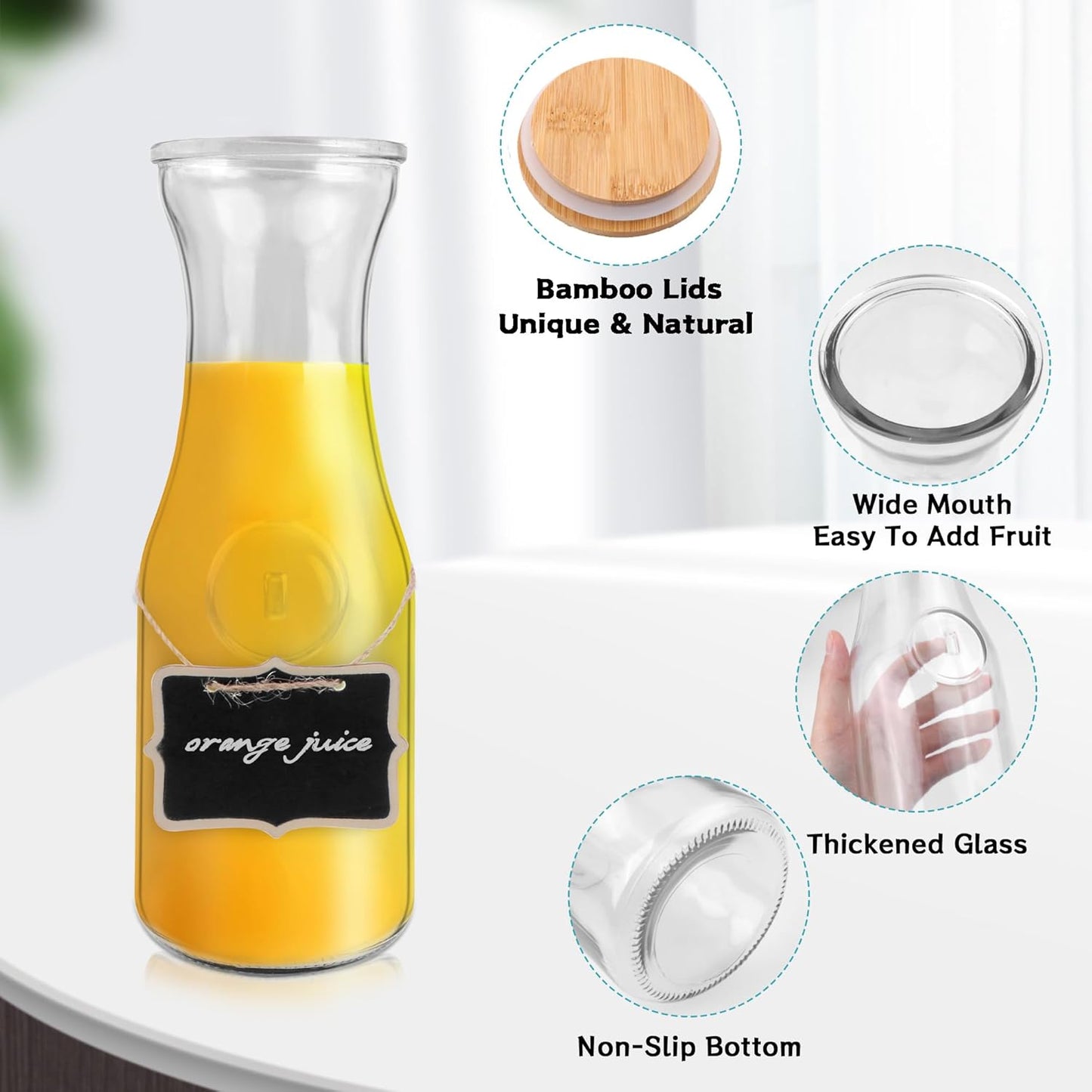 Glass Carafe with Bamboo Lid,35 Oz Beverage Dispensers Carafe,Mimosa Bar Supplies,Juice Bottles, Clear Glass Pitcher with Name Labels for Iced Tea,Coffee,Juice(Set of 4)
