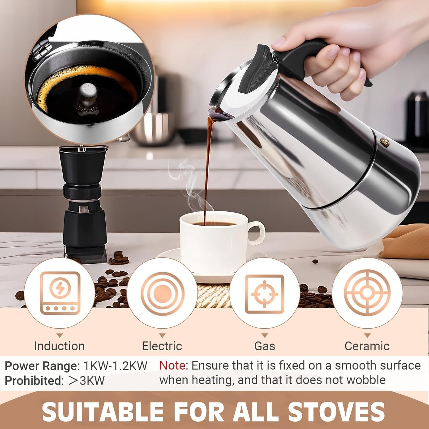 Moka Pot, 9 Cups (15.9 oz) Stovetop Espresso Maker, 304 Stainless Steel Moka Pot, Induction Compatible, Silver
