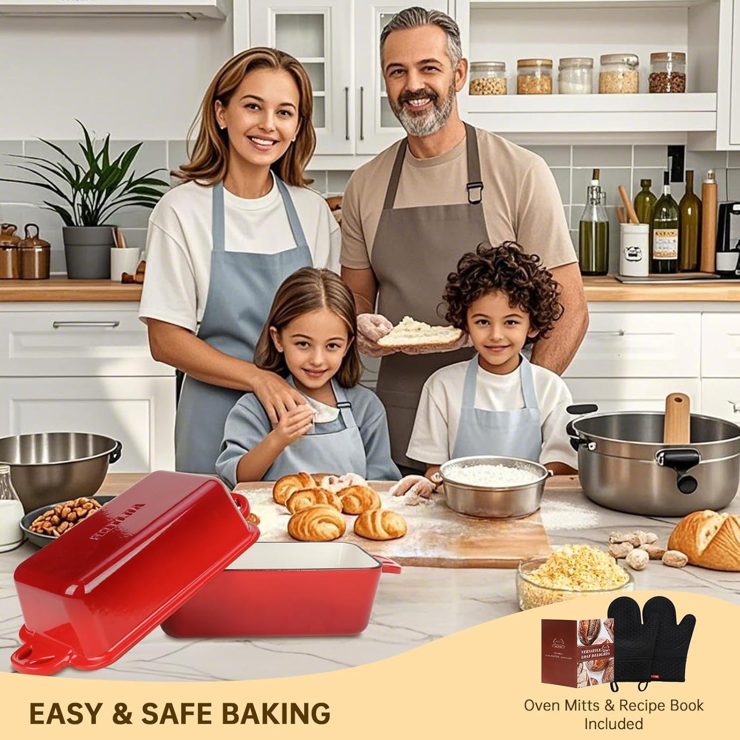 9x5 Enameled Cast Iron Loaf Pan with Lid - 2 in 1 Homemade Sourdough Bread Baking Pan