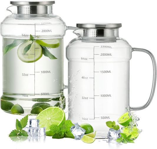 Glass Pitcher with Lid, 2 PACK 74 oz/2.2L Water Pitcher, Clear Borosilicate Glass Water Carafe for Cold Brew, Coffee, Lemonade, Iced SunTea,Beverage, Heat Resistant Water Glass Jug