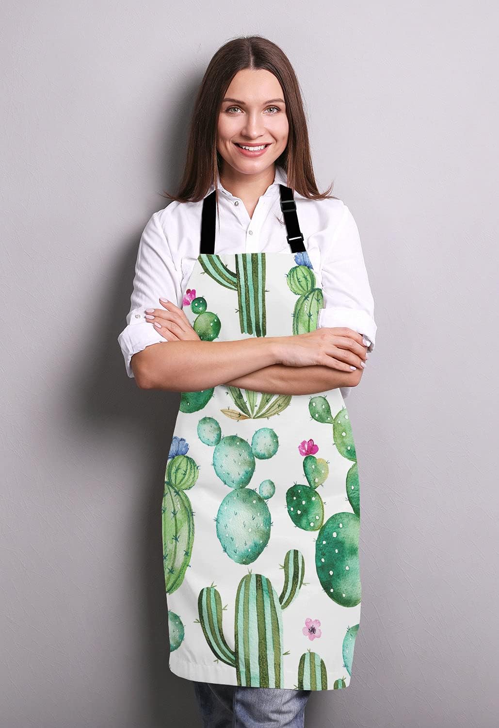 Cactus Adjustable Bib Apron, Tropical Watercolor Cactus Plants Cooking Kitchen Apron for Men Women