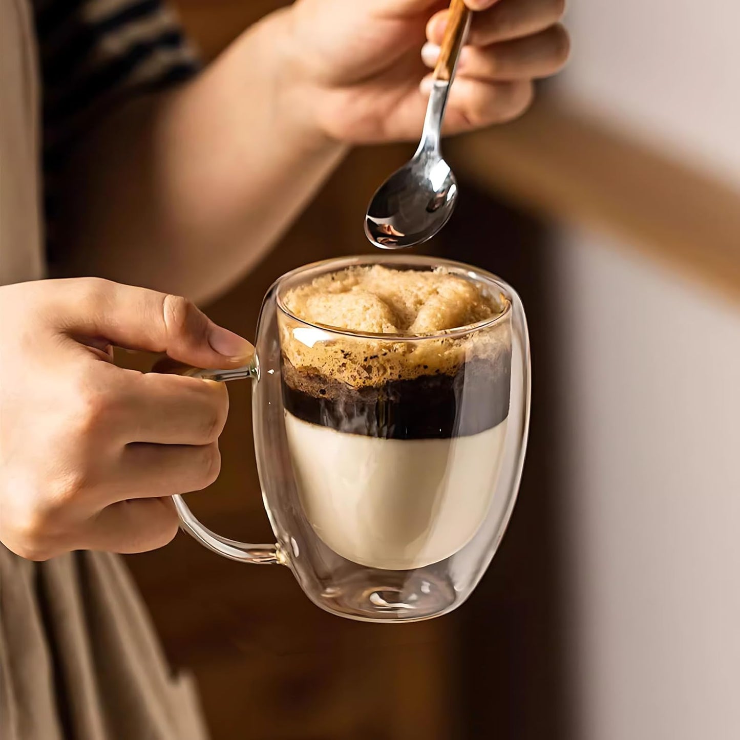 12 Ounces Set of 2 Double Walled Glass Coffee Mugs with Handle Insulated Layer Coffee Cups Borosilicate Glass Espresso Double Insulated Clear Glass Coffee Mug for Hot Beverages