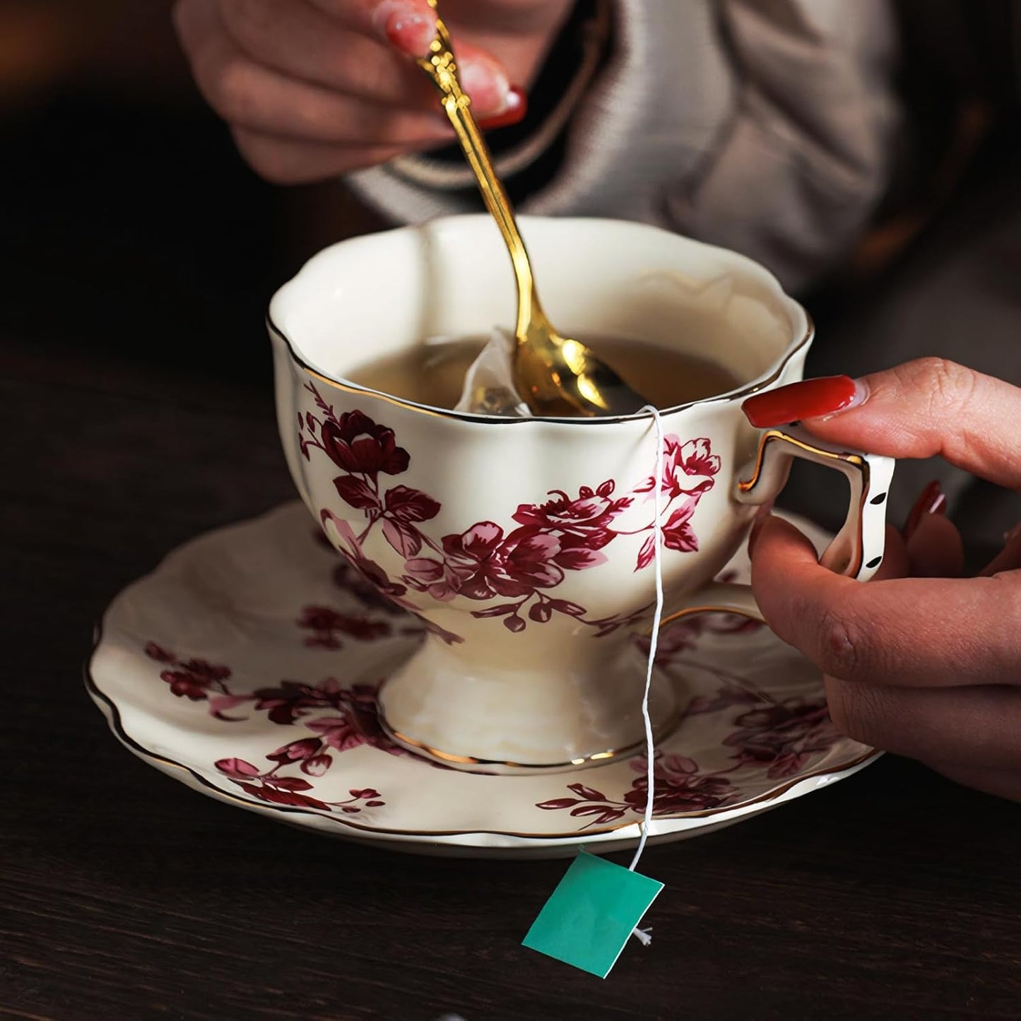 KAMMAK Tea Cups and Saucers Set of 2, Porcelain Coffee Cups, 6.8-Ounce Stackable Espresso Mugs, Ceramic Demitasse for Coffee, Latte, Americano, Tea, Red Orchid