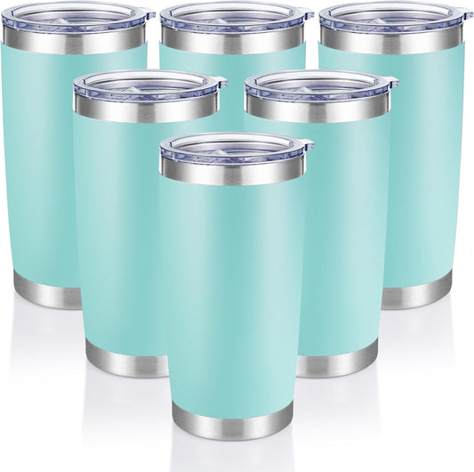 20 oz Tumblers Bulk Stainless Steel Tumbler with Lid Double Wall Vacuum Insulated Coffee Mug 20oz Powder Coated Cup for Hot and Cold Drinks, Turquoise, 6 pack