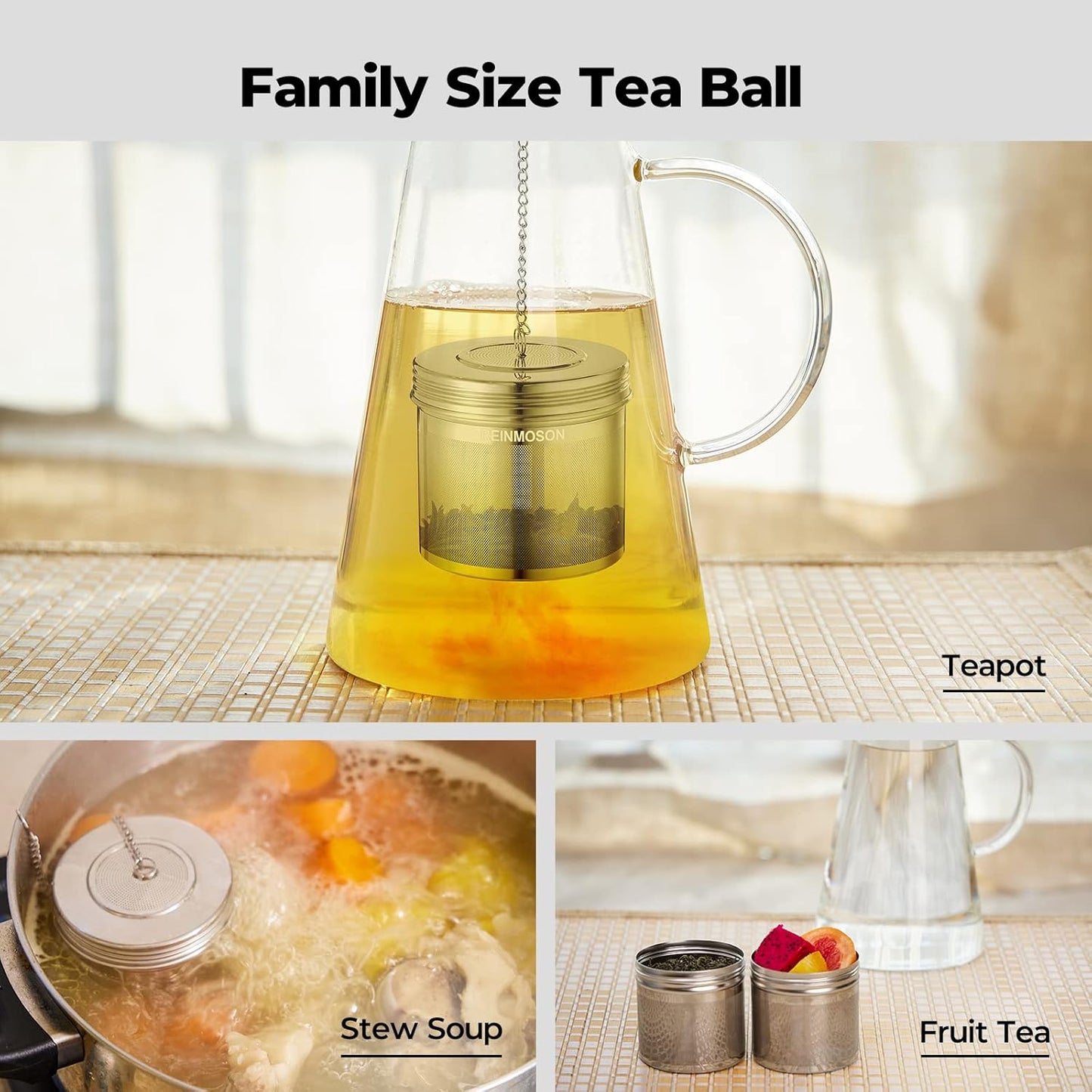 Reinmoson 2 Pack Large Tea Ball Infuser for Loose Leaf Tea & Spice Ball for Cooking Soup, 304 Stainless Steel, Threaded Lid, Chain Hook, Extra Fine Mesh Tea Strainer Ball for Herb, Iced Tea