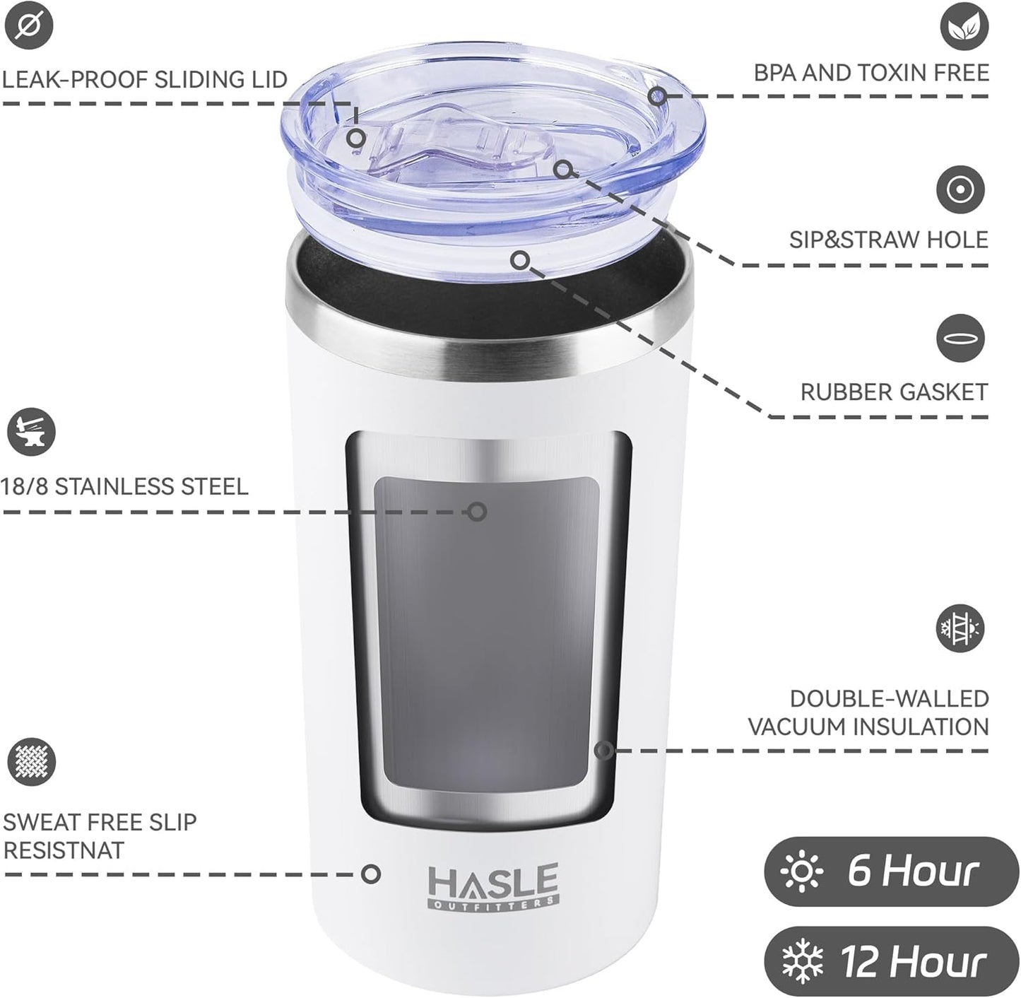 HASLE OUTFITTERS 12oz Skinny Tumbler Bulk, Slim Tumblers Set with Lid, Double Wall Stainless Steel Insulated Travel Coffee Mug, Durable Powder Coated Travel Water Cup(White, 12)