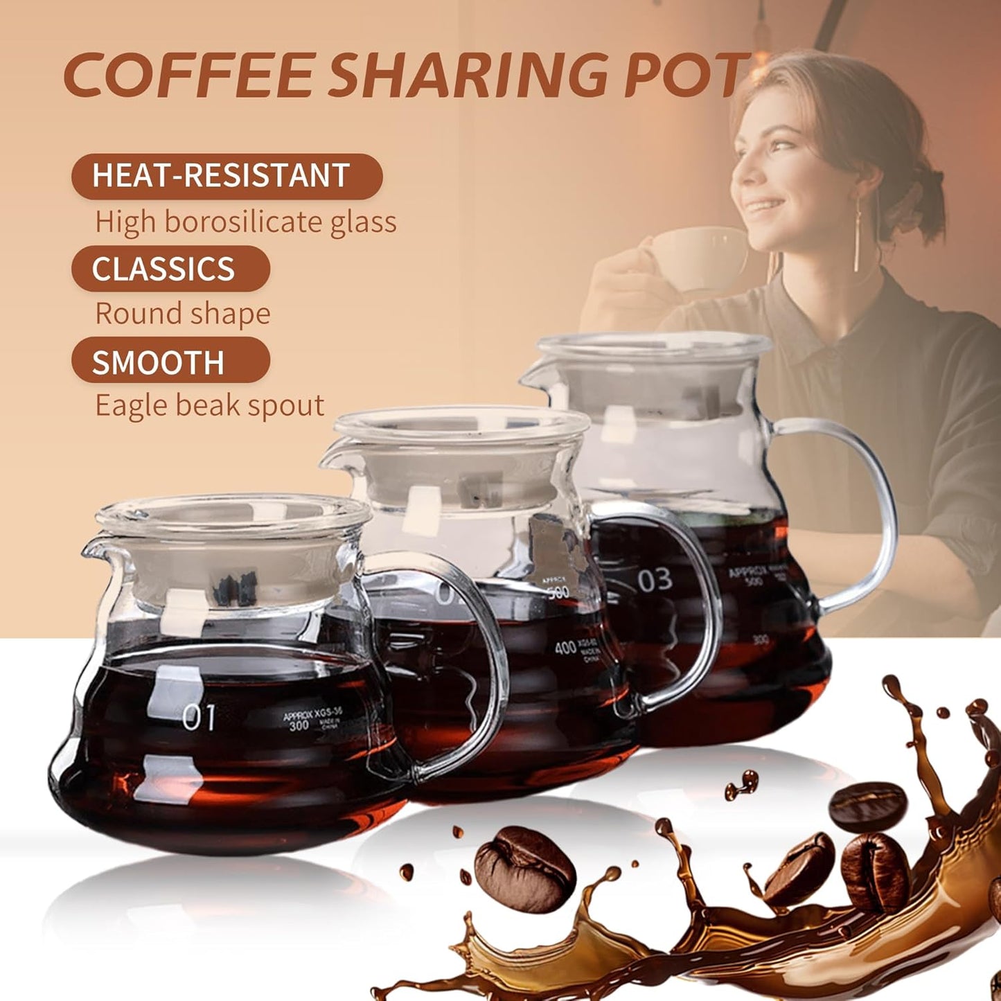 Glass Coffee Server for Drip Coffee Maker, Standard Glass Coffee Carafe, Coffee Pot with Lid, Clear, 02 600ml(20oz)