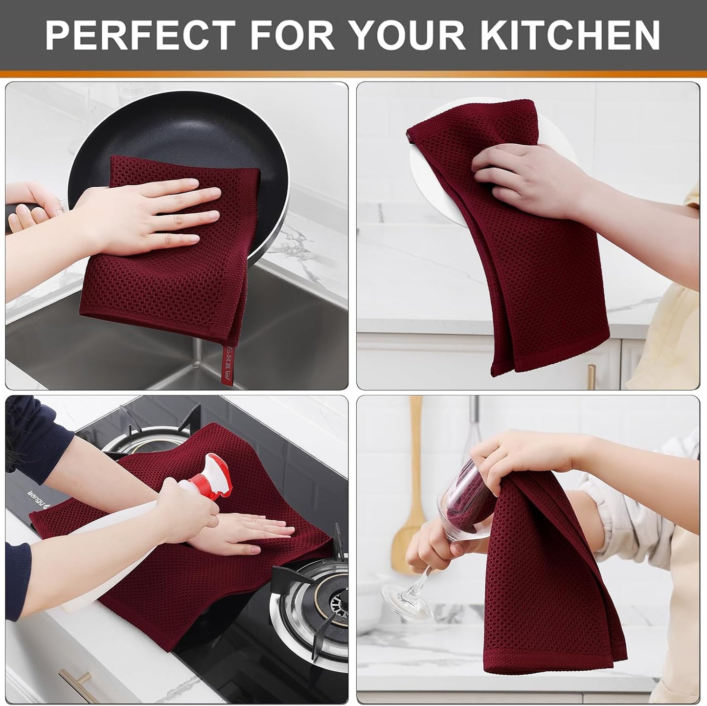 Kitinjoy 100% Cotton Waffle Weave Kitchen Towels, 8-Pack Super Soft and Absorbent Dish Towels for Drying Dishes, Kitchen Hand Towels, 13 in x 28 in, Burgundy