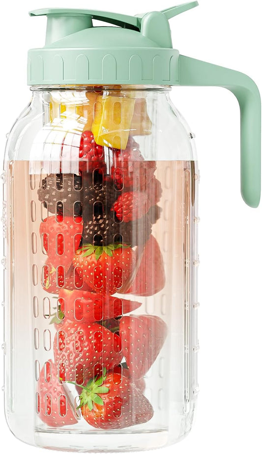 Fruit Infuser Water Pitcher,Glass Mason Jar Pitcher,64oz(2 Quart) Wide Mouth Jug with Pour Spout Handle Lid for Fruit Drinks,Cold Brew Coffee,Ice Beverage,Iced Juice,Lemonade,Sun Tea Container