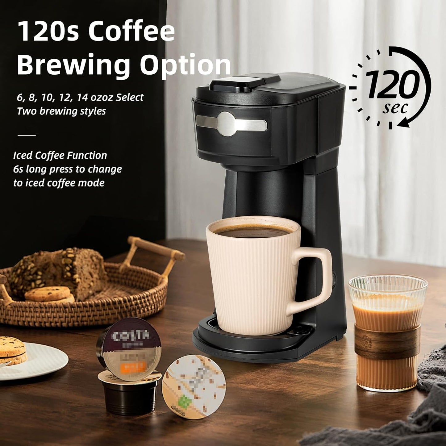 Single Serve K Cup Coffee Maker 2 in 1Machine,6 to 14 0z Brew Sizes,Auto Shut Off& Reusable Filter,Use Coffee Capsule&GroundCoffee&Loose Leaf Tea,Iced Coffee,Black