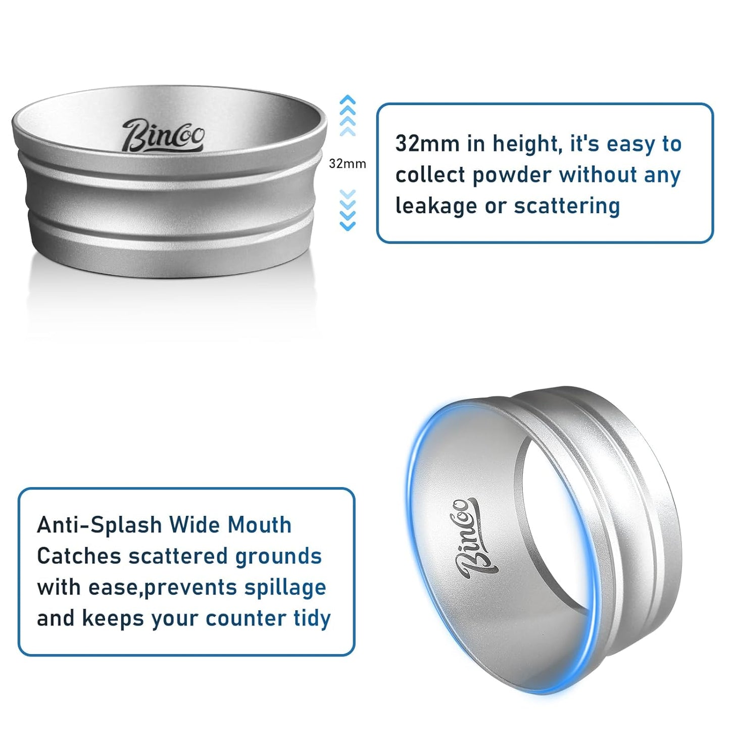 Bincoo Espresso Dosing Funnel 58mm,More Tall Magnetic Aluminum Alloy Portafilter Funnel Ring for Zero Mess Portafilter, Anti-Splash Wide Mouth Coffee Grounds Dosing Tool for Espresso Machine(Silver)