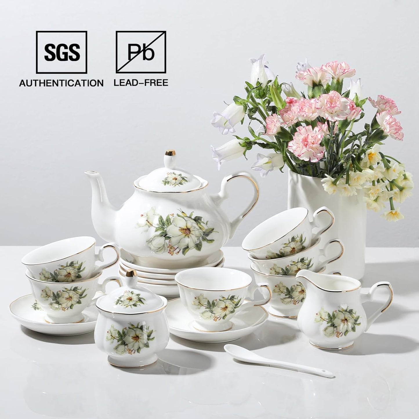 Sweejar Porcelain Tea Sets, Vintage British Floral Relief Gold Rimmed Teapot Cup and Saucer Set, Tea Set Service for 6, with Teapot, Sugar Bowl, Milk Jug, Spoons, Tea Cup and Saucer (Camellia)