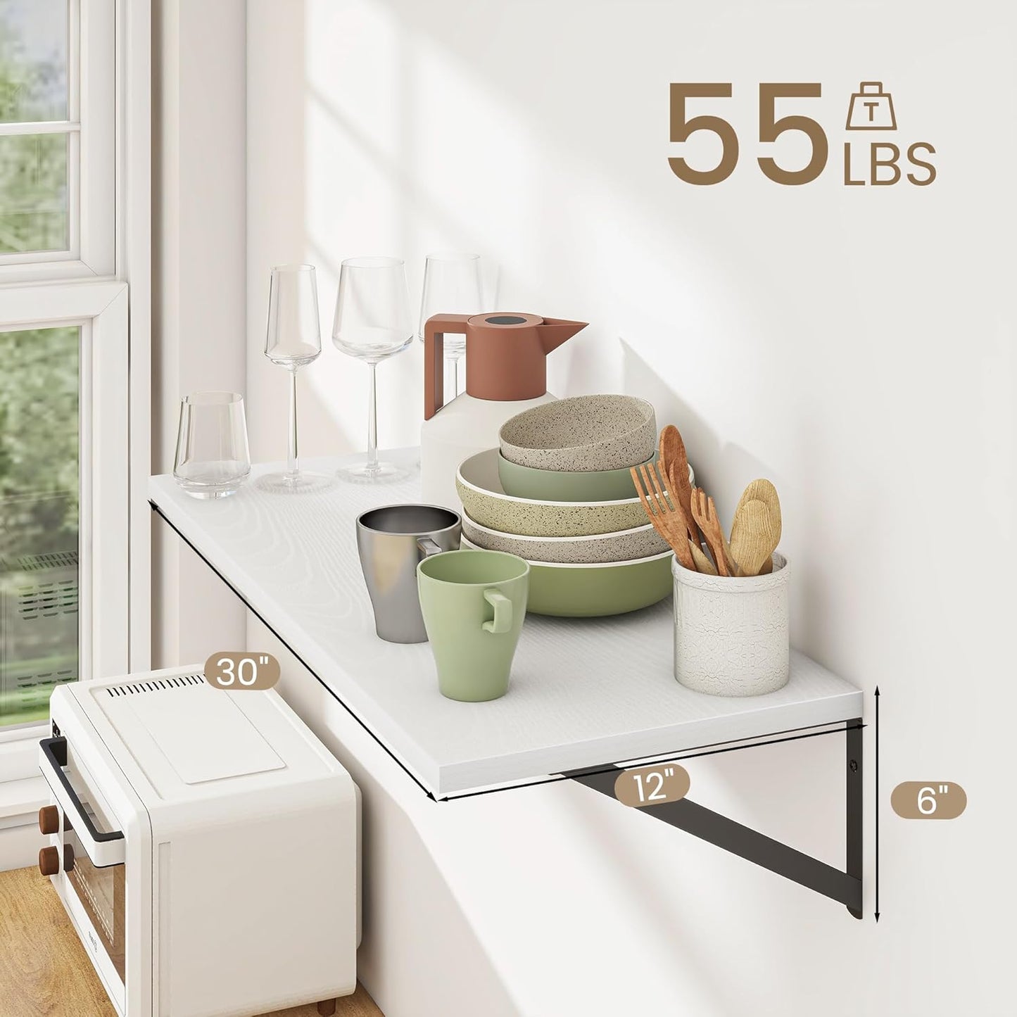 Dreamland Floating Shelves for Wall, 12 Inch Deep Floating Shelves Set of 2, 30W x 12D Large Wall Shelf with Sturdy Metal Brackets for Living Room, Bathroom, Bedroom and Kitchen, White