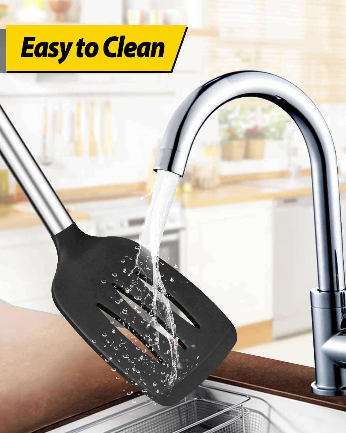 Pack of 2 Silicone Solid Turner, Non Stick Slotted Kitchen Spatulas, High Heat Resistant BPA Free Cooking Utensils, Ideal Cookware for Fish, Eggs, Pancakes(Black-White)