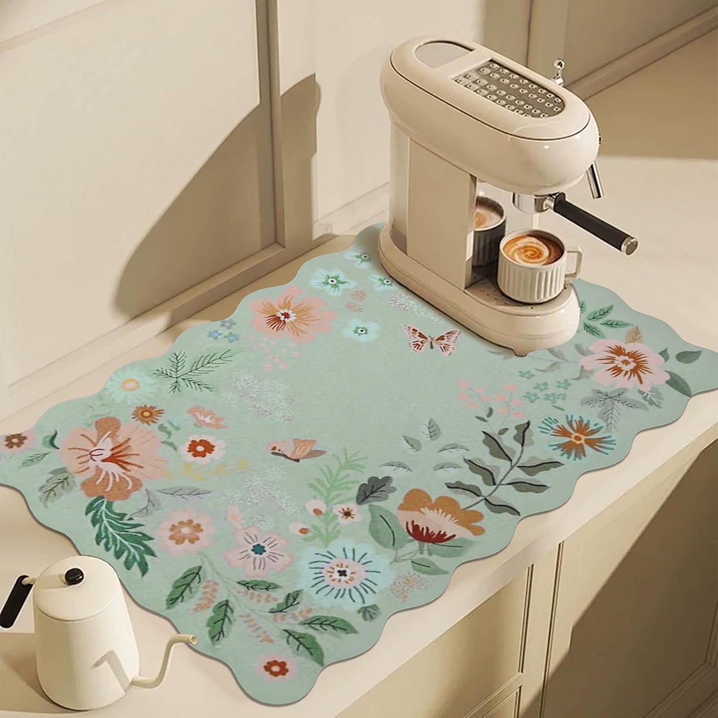 Scalloped Bohemian Coffee Bar Mat Dish Drying Mats for Kitchen Counter, Kitchen Decor,(16"x24", Green)