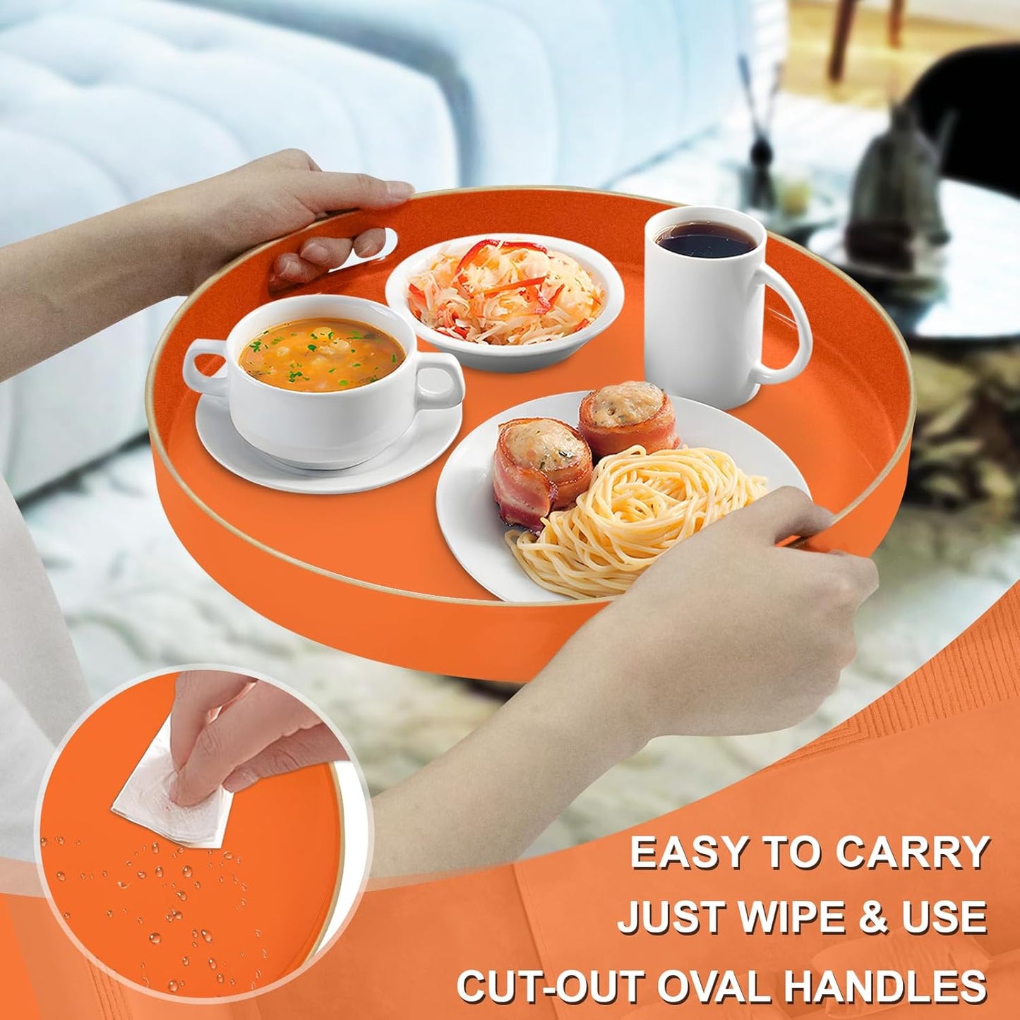 MAONAME 13" Round Tray, Orange Serving Tray with Handles, Modern Decorative Trays for Coffee Table, Plastic Ottoman Trays for Ottoman, Bathroom, Halloween Decor