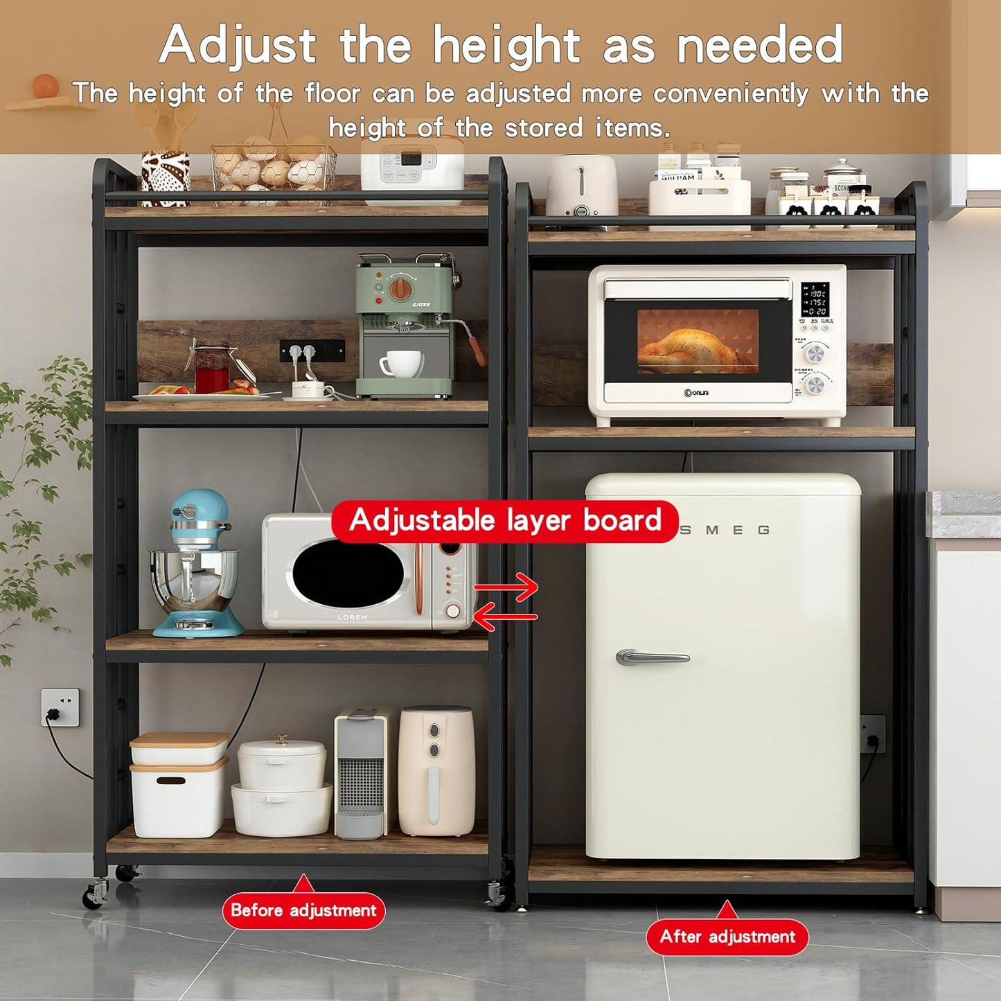 Adjustable 4-Tier Heavy Duty Kitchen Baker's Rack with Power Outlet, with Industrial Wheels, Free Standing Microwave Oven Cart Stand for Storage in Living Room, Garage, Rustic Brown