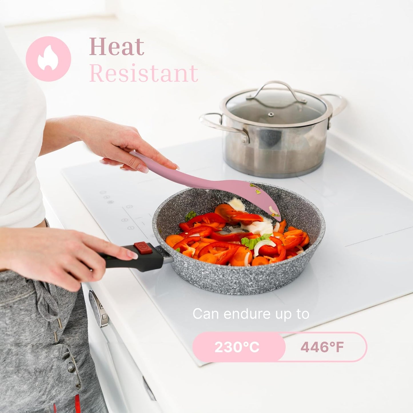 Silicone Utensils 4-Piece Set – Rubber Spatula, Pastry Brush, Slotted Turner, and Rice Paddle – Complete Heat-Resistant Set for Non-Stick Cookware – Kitchen Tools for Cooking and Baking – Pastel Pink