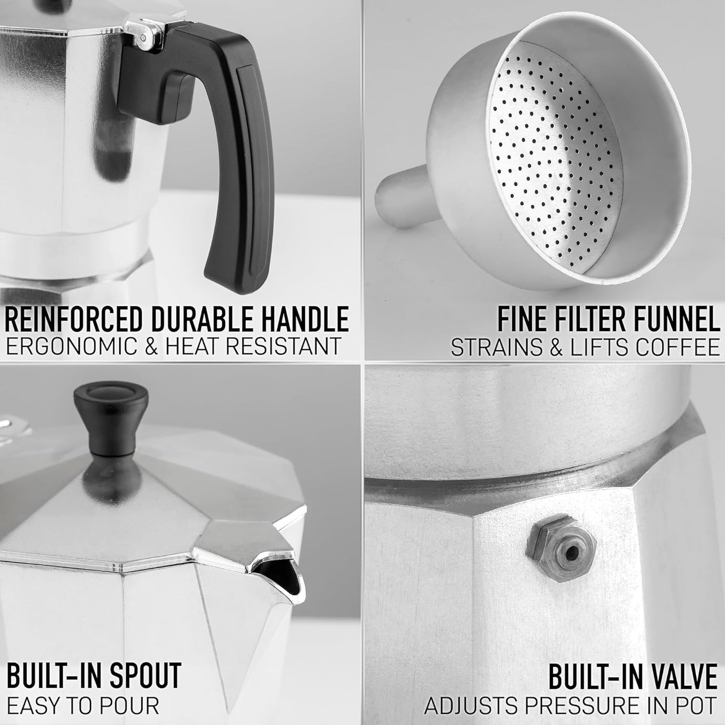 Zulay Moka Pot Espresso Stovetop Coffee Maker - Leak-Proof, aluminum, Easy to Clean, Heat Resistant Handle & Knob - for Authentic Cuban & Italian Style Espresso - Makes 6 Espresso Cups - Silver