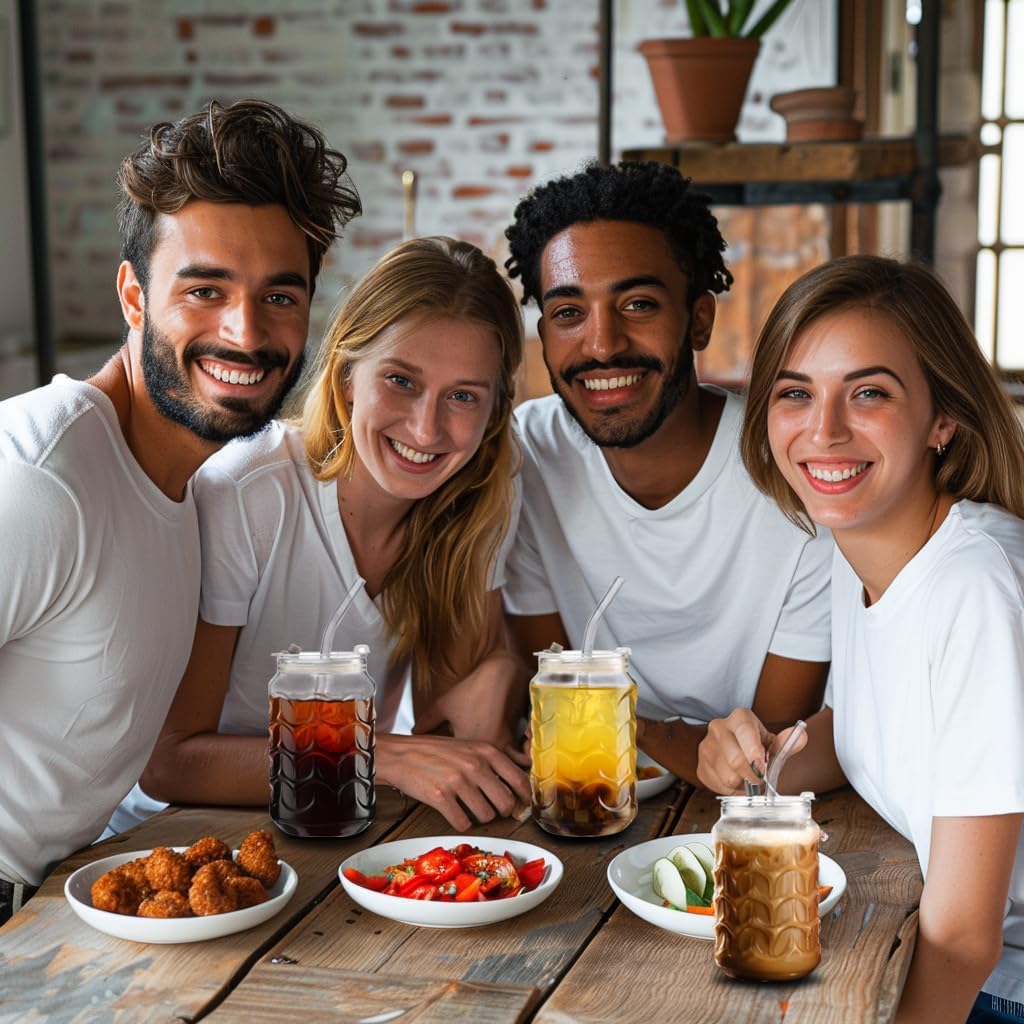 Jiuchen 4-Pack 18oz Borosilicate Glass Cups with Leakproof Lids & Straws,Multi-Use Tumblers for Office and Home - Iced Coffee, Smoothies, Cocktails, Juice, Iced Tea & Protein Shakes, Dishwasher Safe
