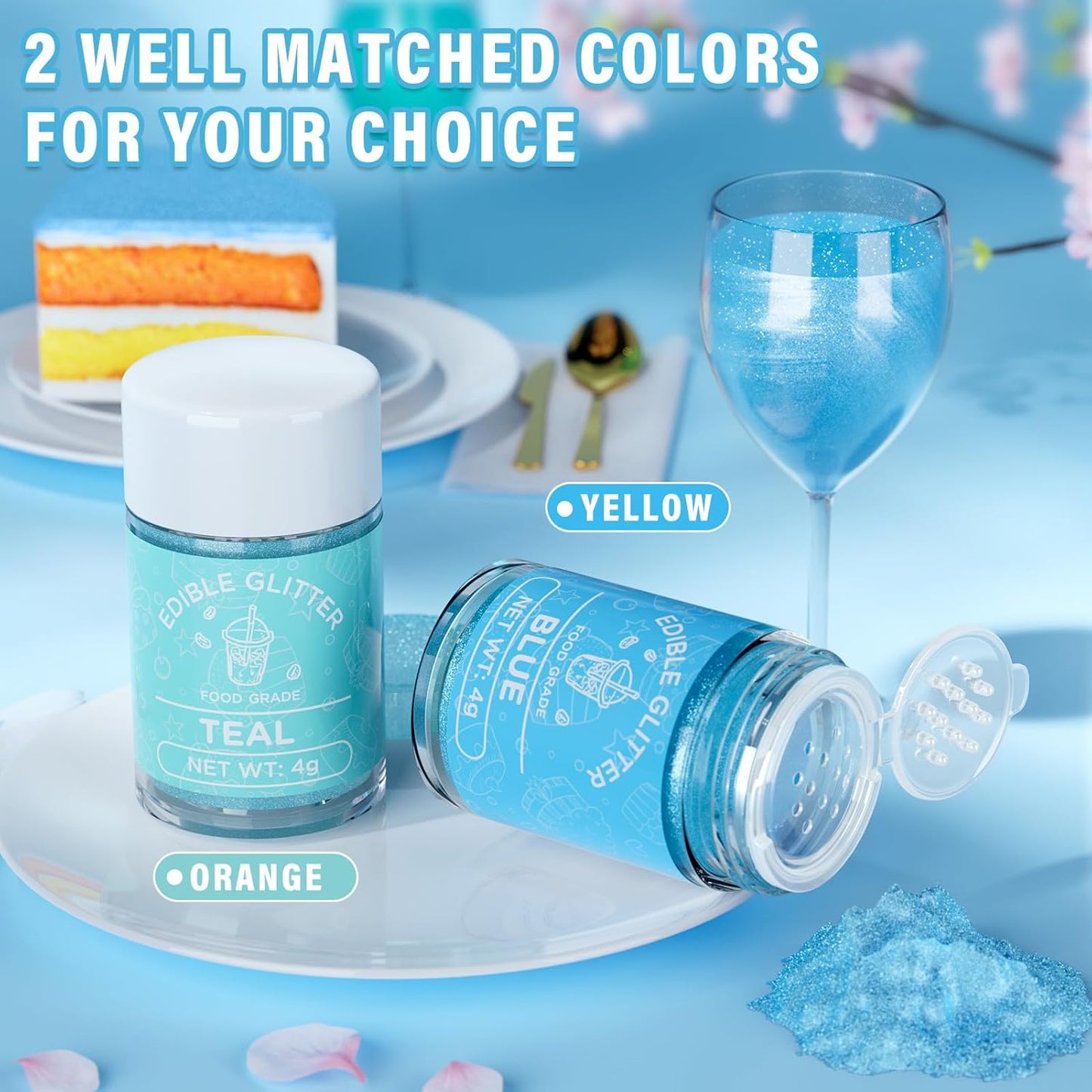 Cherrysea Edible Glitter for Drinks Cocktails Food Grade Edible Drink Shimmer Powder for DIY Champagne Beverages Wine 2 Colors Vegan Edible Luster Dust Set 4g/Bottle Gluten Free - Teal+Blue