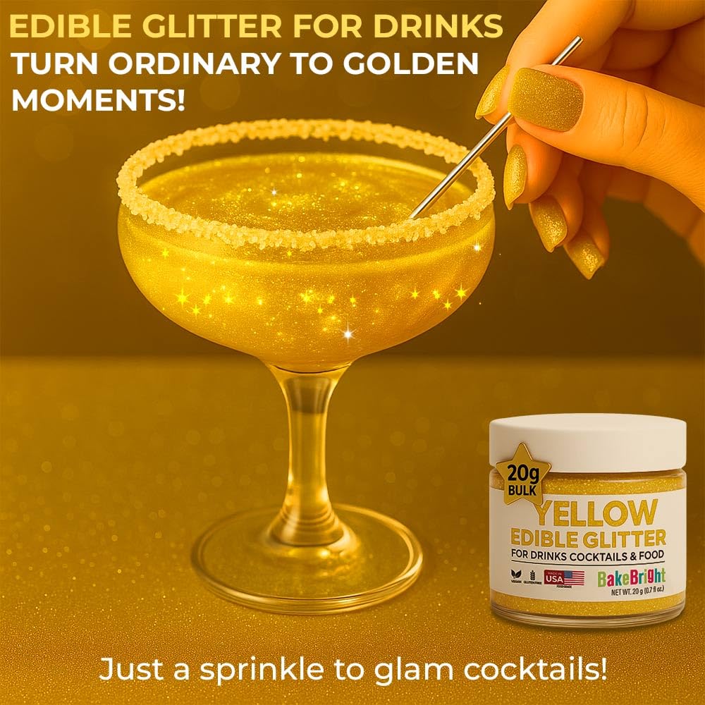 Bulk 20g Yellow Edible Glitter for Drinks | Premium Edible Glitter for Cakes, Cocktails, Yellow Cake Decorating Decorations Food Grade, Vegan, Kosher, Halal, Gluten Free - Made in USA