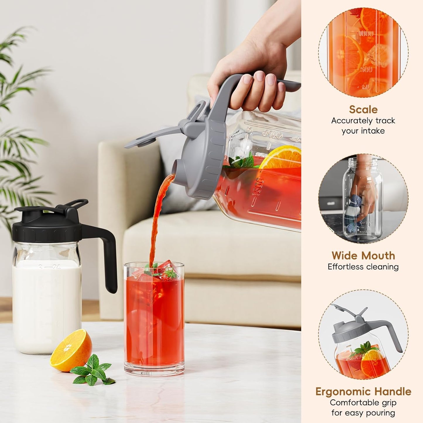 Breast Milk Pitcher Jug - 32 oz Glass Mason Jar Airtight Pitcher with Pour Spout Handle for Breastmilk, Iced Tea, Ice Drinks Storage Container（Black）