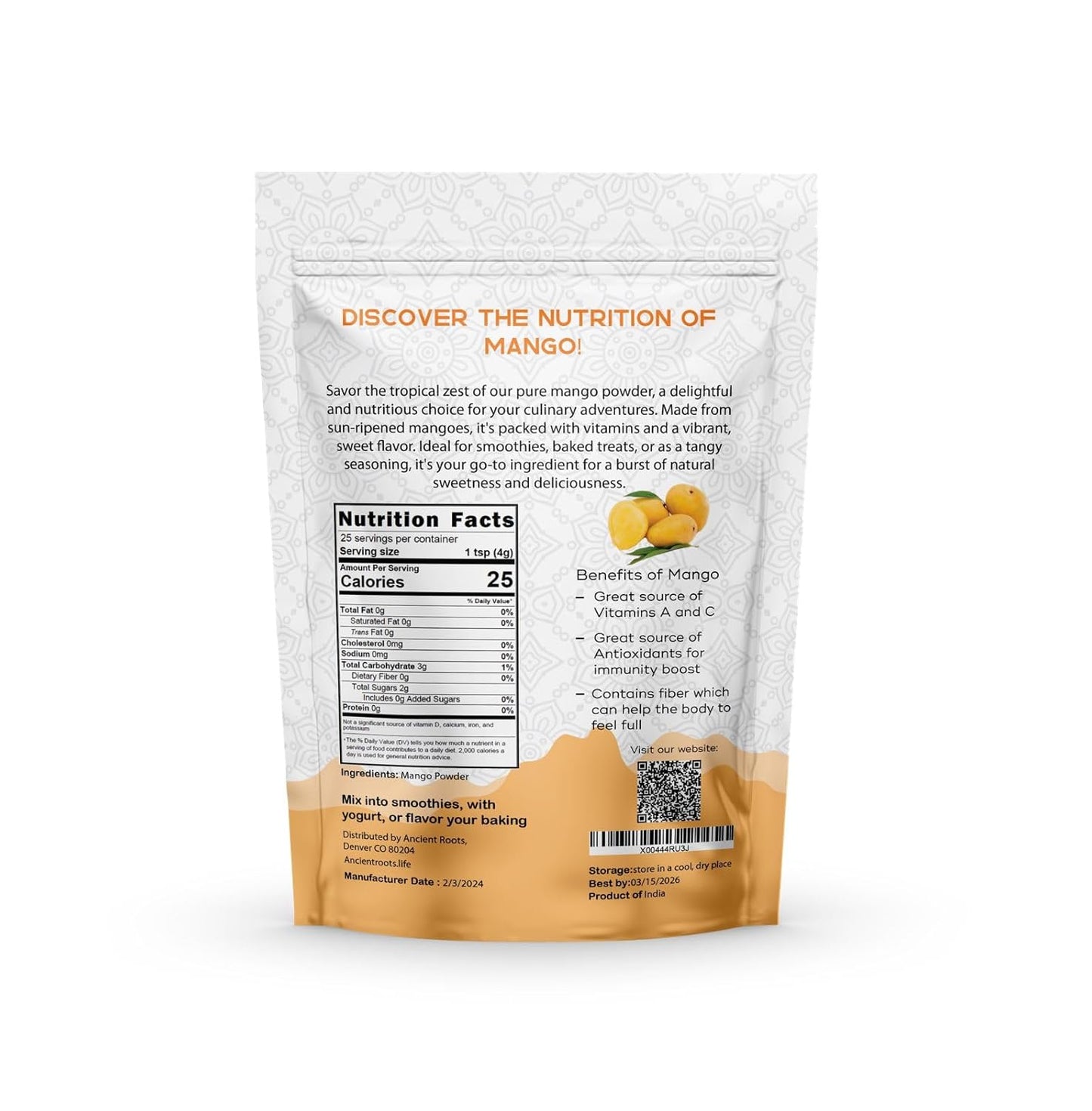 Ancient Roots Mango Fruit Powder - All-Natural Fruit Powder, Filled with Antioxidants, No Sugar Added, Indian Mango, Tropical Smoothie Mix - 3.5 ounces (25 Servings)