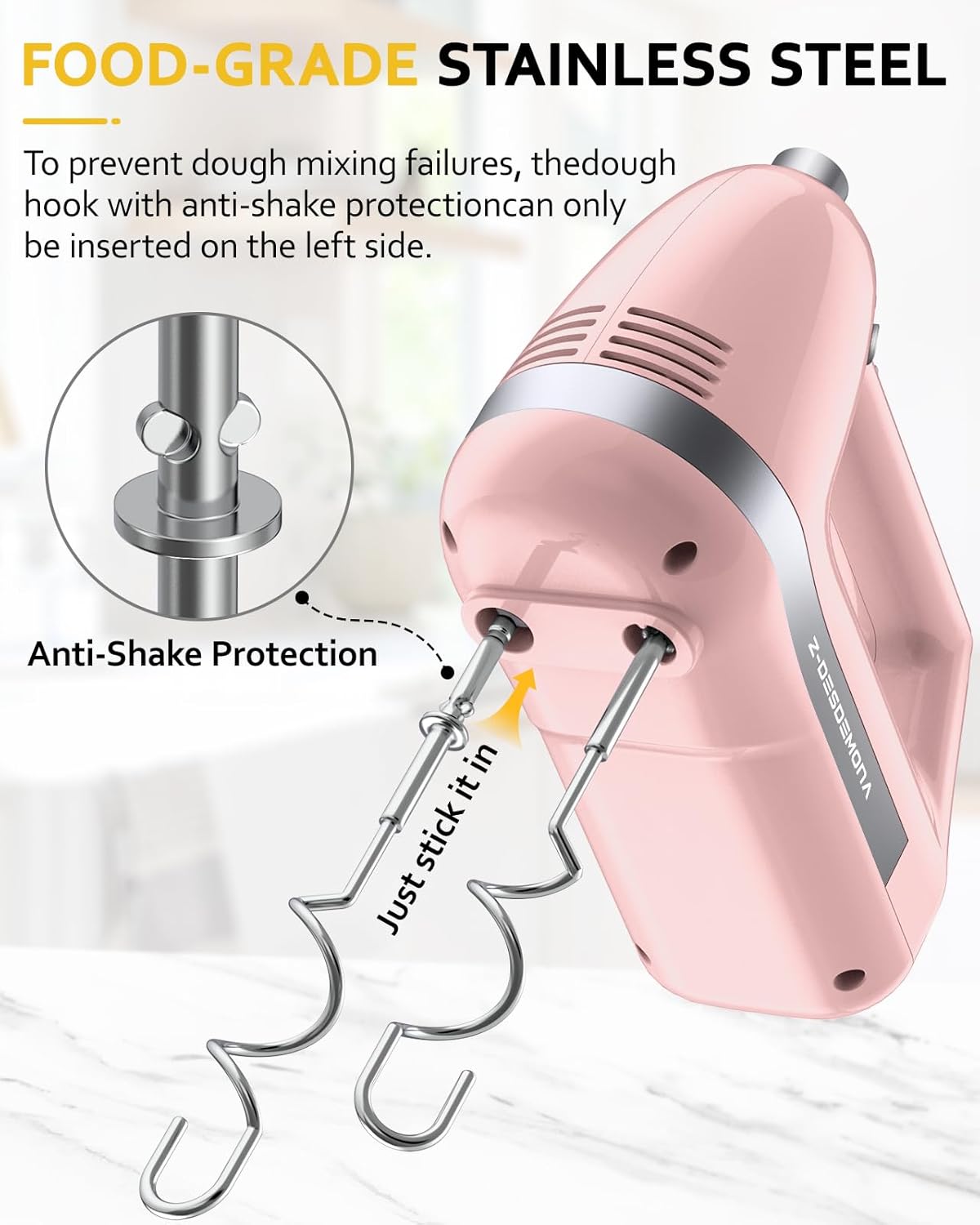 Electric Hand Mixer, Powerful 300W Hand Mixer Electric Handheld with 304 Beaters, Dough Hook,Hand Held Mixer with Turbo for Baking Cakes, Eggs, Cream Food(Pink)