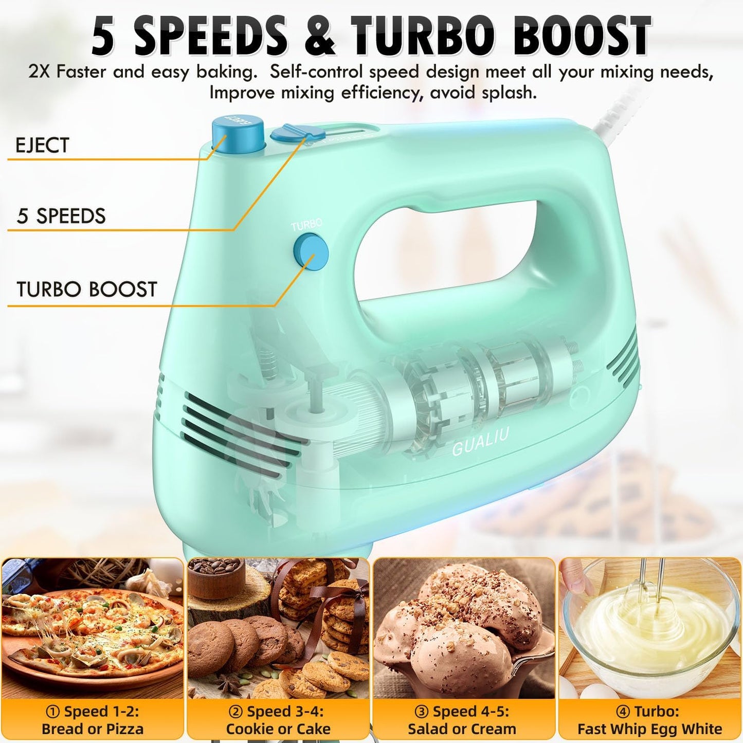 Electric Hand Mixer with Stainless Steel Whisk, Dough Hook Attachment and Storage Bag, Handheld Mixer for Baking Cakes, Eggs, Cream Food Mixers. Turbo Boost /5 Speed Kitchen Blender GREEN