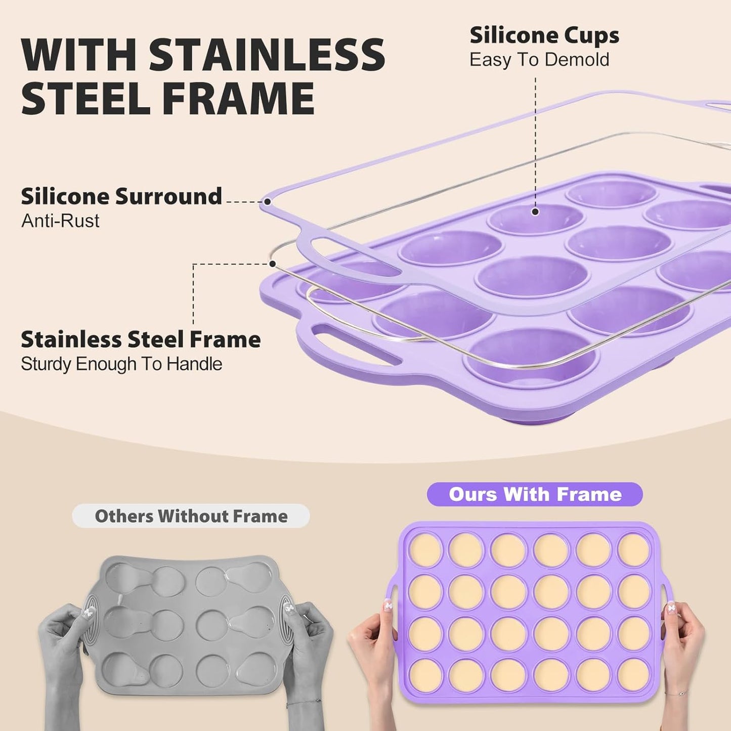 2 Pack Silicone Muffin Pan 12 and 24 Cup with Metal Frame, Non Stick Silicone Mini Cupcake Pan with Handles, BPA Free Silicon Regular Muffin Tin Tray Small for baking, egg bites, Mold Purple