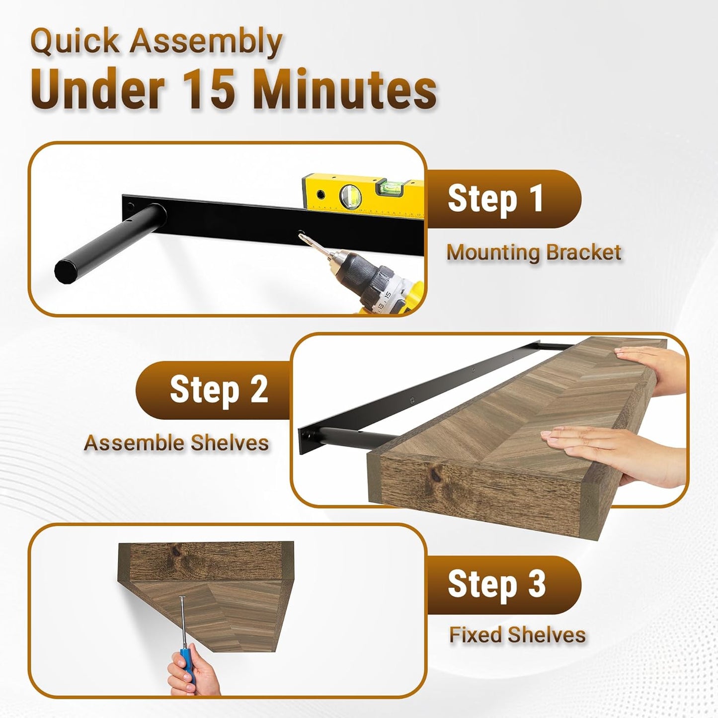 48" Rustic Farmhouse Floating Shelves – Set of 2 Acacia Wood Shelves for Stylish Wall Decor in Kitchen, Bathroom, Unique Chevron Pattern, Dark Walnut Color, 48x8x1.5 Inches - Set of 2 - DIY