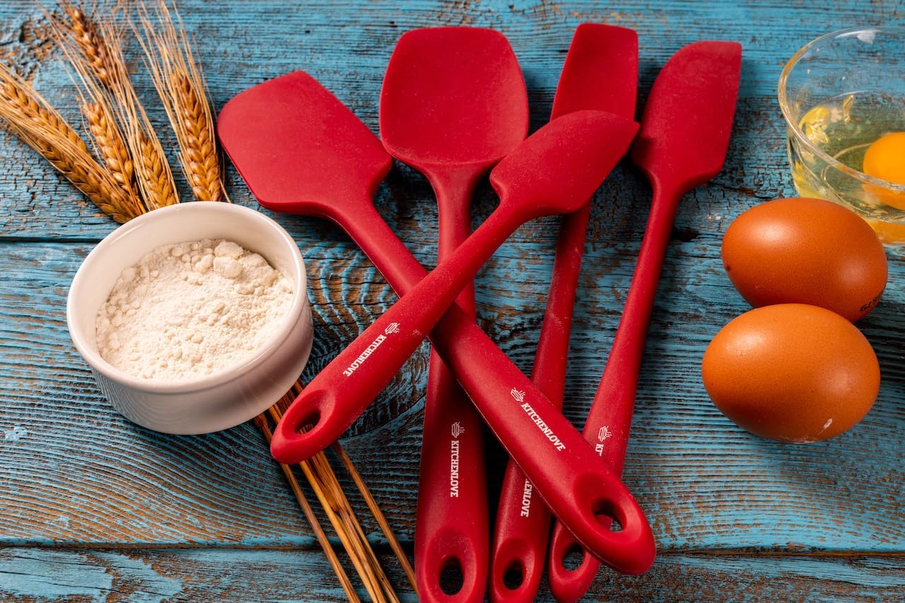 KITCHENLOVE Premium 600°F Heat Resistant 5 Piece Silicone Spatula Set for Baking, Cooking, Mixing - Non-Stick with High Grade S-Iron Steel Core - One Piece Seamless Design - BPA Free (Red)