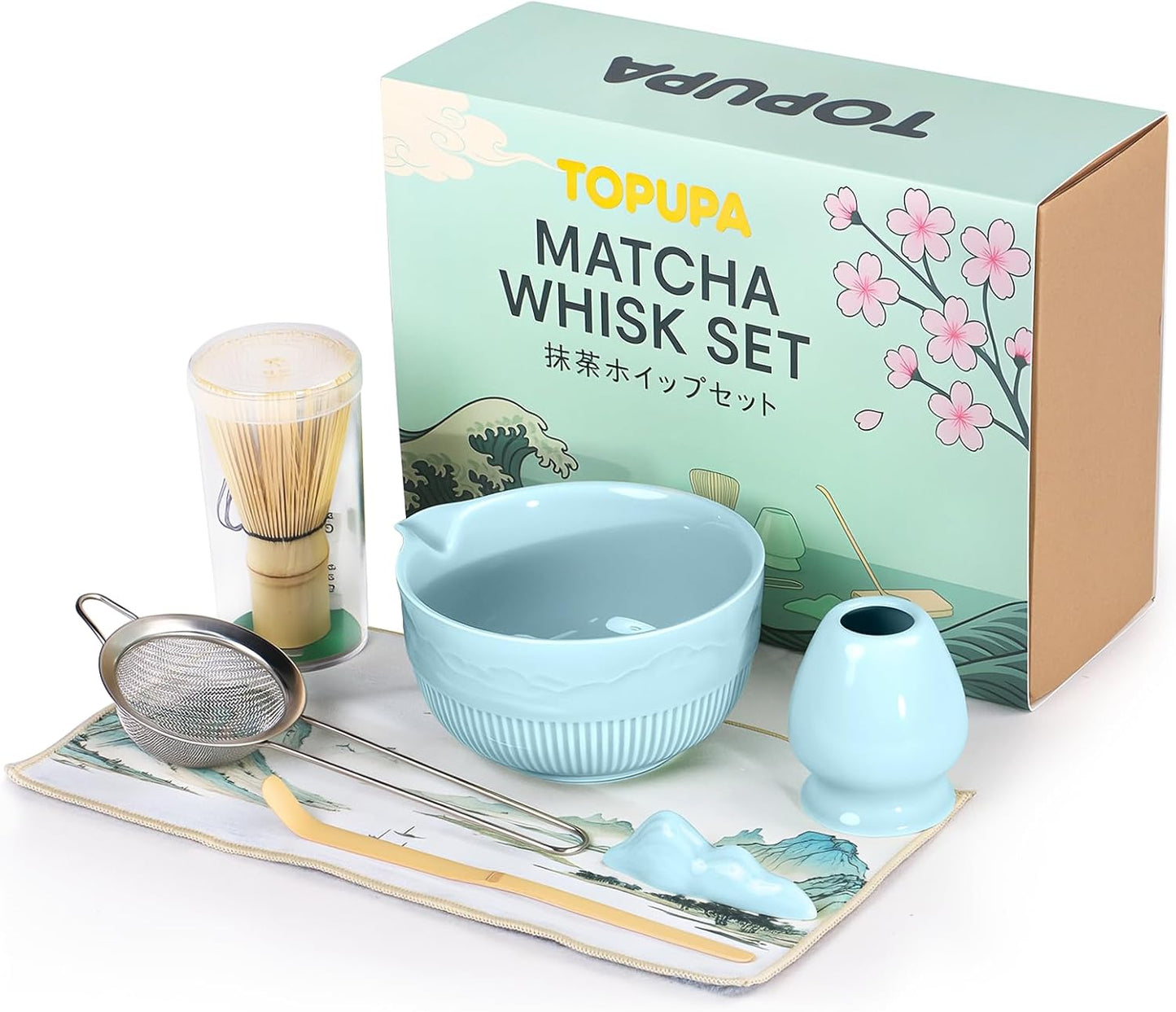 7PCs Matcha Whisk Set Traditional Japanese Matcha Kit with Ceramic Bowl Bamboo Chasen Tea Spoon Holder Sifter Tea Towel Ceremony Matcha Tea Making Tools Green Tea Set for Beginners