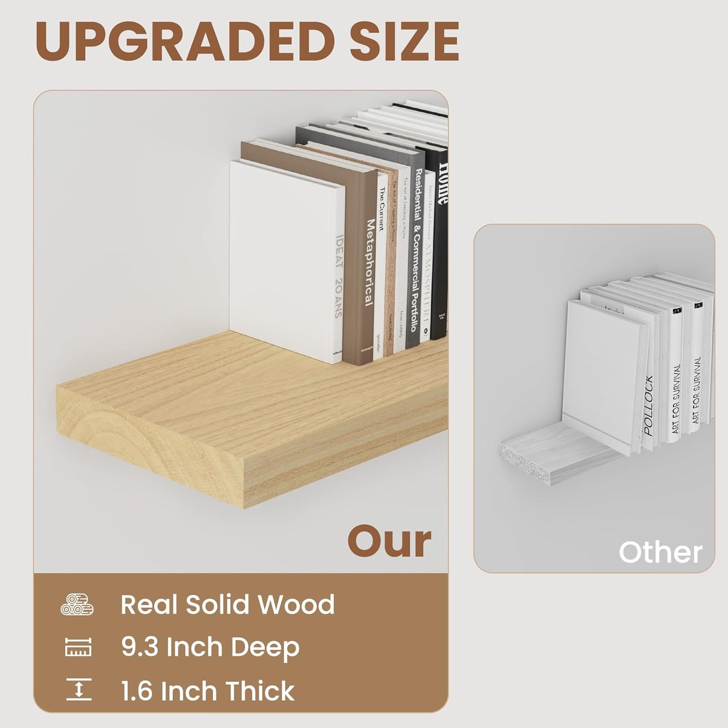 Floating Shelves24 Inch Long , 9 Inch Deep Floating Shelves for Wall, Solid Wood Floating Shelf, Deep Wall Shelves for Living Room, Bathroom, Kitchen, 24"W x 9.3"D x 1.6"H, Burlywood, Set of 2