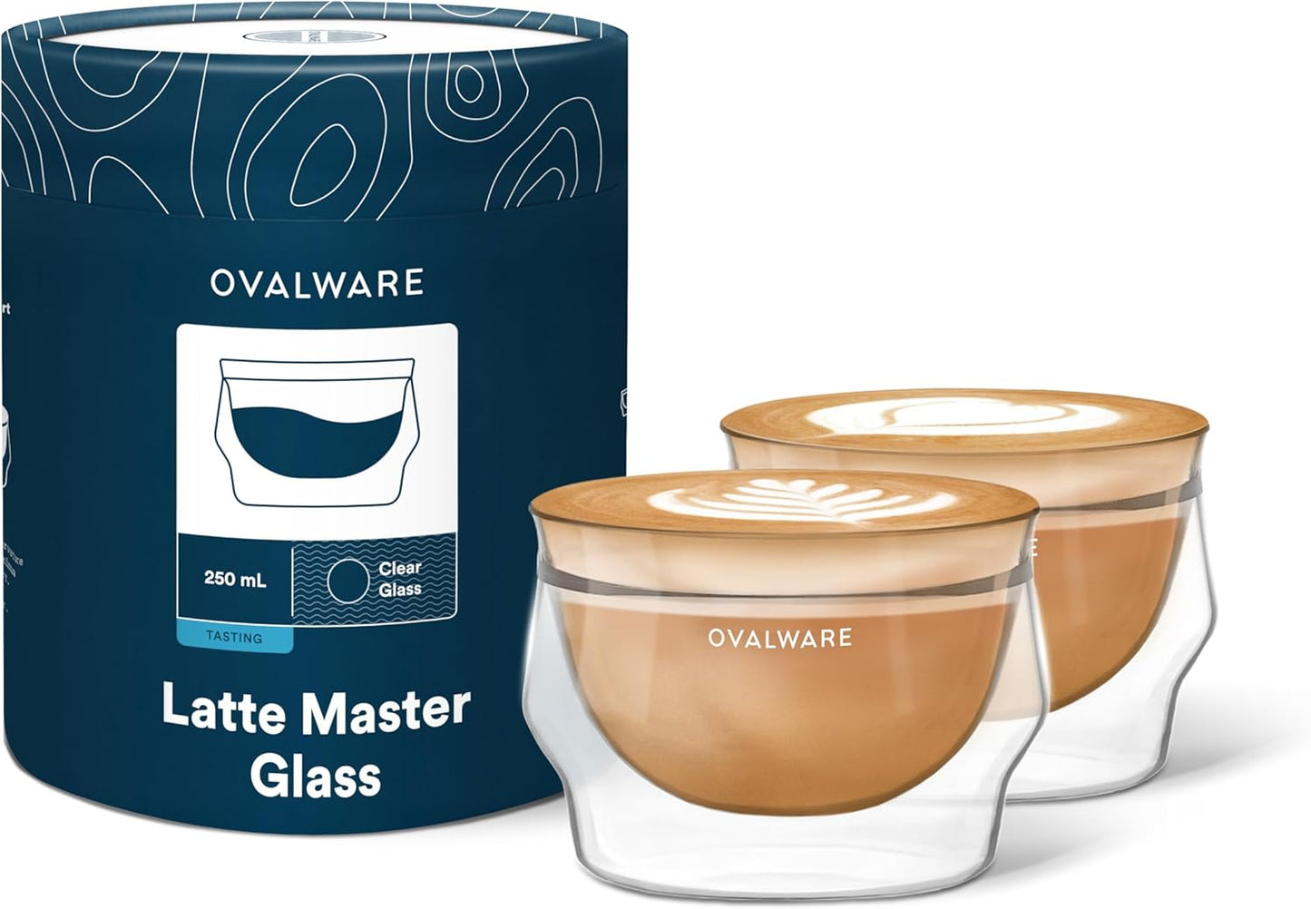 ovalware 8.5oz Double Wall Latte Cups, Latte Set of 2 - Double Wall Glasses for Cold & Hot Drink, Palm-Sized Cups with Wide Rim for Latte Art - Clear Design