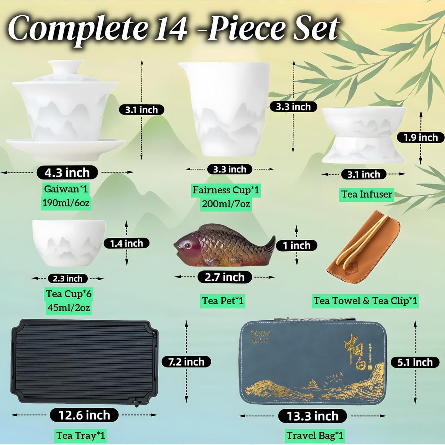 ICHAG Chinese Tea Set, Gongfu Tea Sets for Adults, China Gaiwan Teaset, 14-Piece Yangzhi Jade (茶具) Porcelain Set with Suspended Gaiwan & Tea Pet, Portable Travel Teaset for Home, Outdoor, Office Gifts