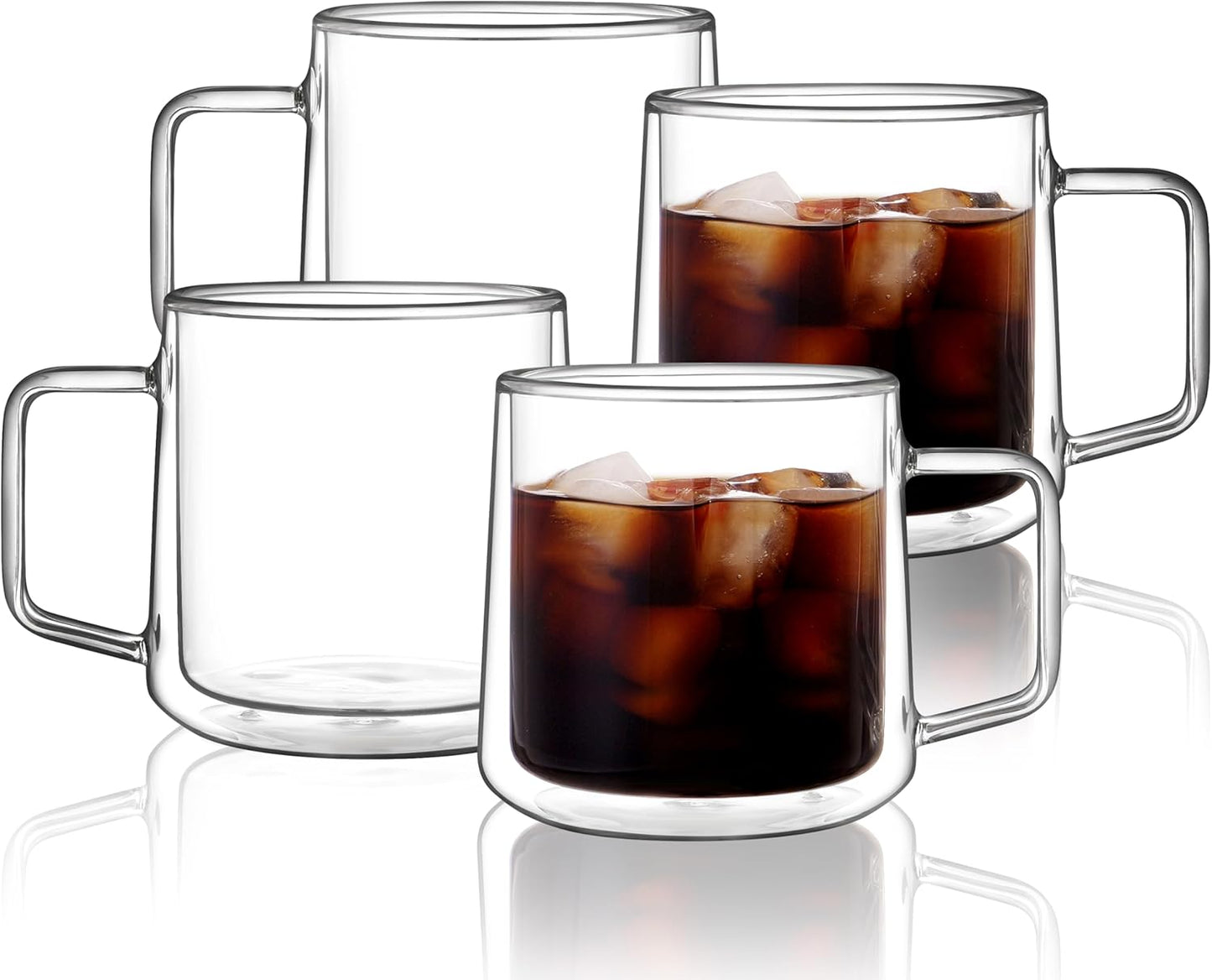 CNGLASS 15oz(4-pack) Double Walled Glass Coffee Mugs,Large Insulated Glass Mugs with Handle,Clear Coffee Cups for Espresso,Latte,Cappuccino,Tea