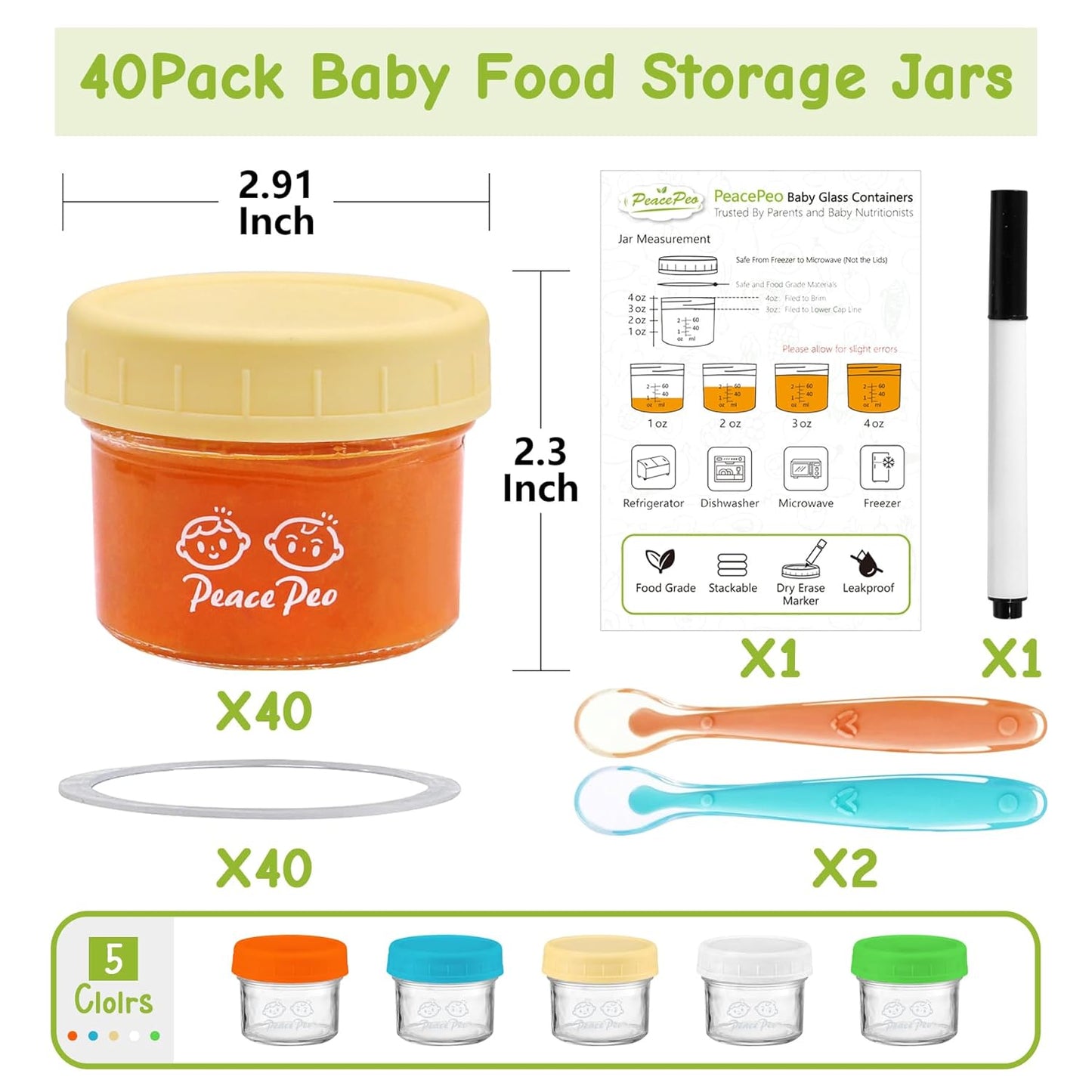 40 Pcs Glass Food Containers 4 OZ, Leak-Proof Reusable Storage Jars with Lids, Dishwasher Safe for Infant & Baby Food