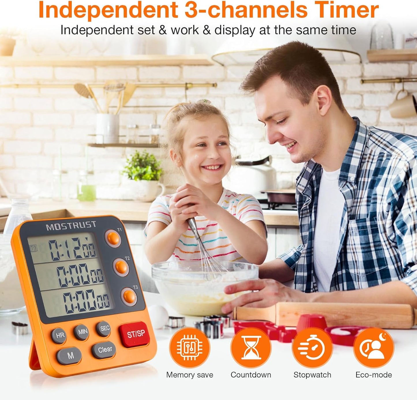Digital Dual Kitchen Timer, 3 Channels Countdown Triple Timer for Cooking, Magnetic Memory-Preset Large Display Adjustable Alarm Volume, Multi Times Management, 3A Battery Included, Orange