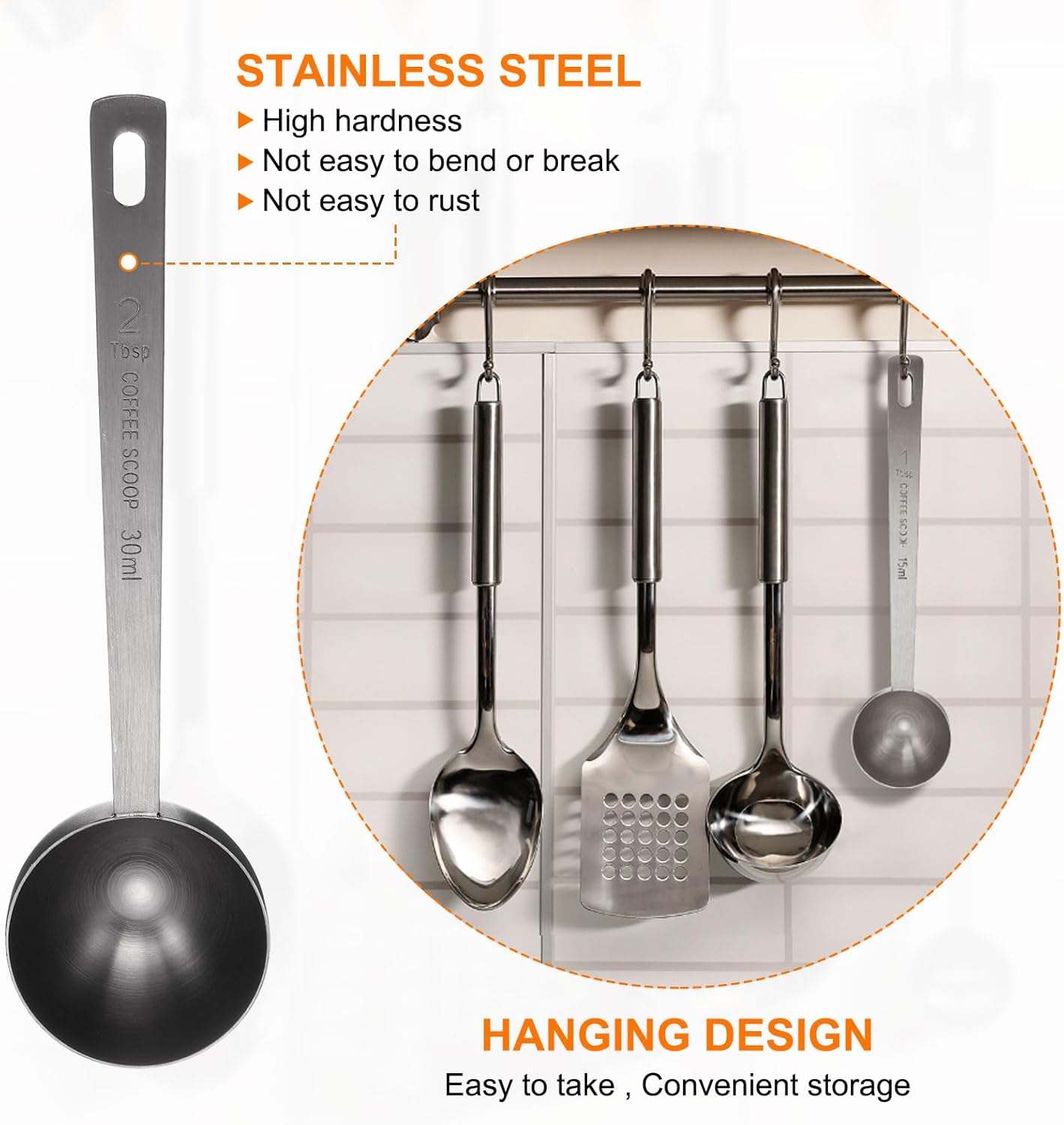 HARFINGTON Coffee Scoop Spoon 2tbsp (6tsp, 30ml) 304 Stainless Steel Long Handle Teaspoon/Tablespoon Measuring Spoons Scoops for Tea Sugar Kitchen, Black