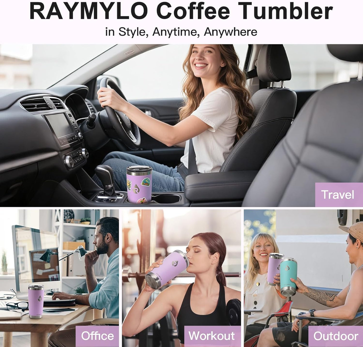 20 oz Coffee Tumbler - Insulated Stainless Steel Travel Mug for Hot/Cold, Spill Proof with BPA-Free Detachable Lid, Coffee Cup Fits Most Car holder, Includes Chic Stickers, Light Purple