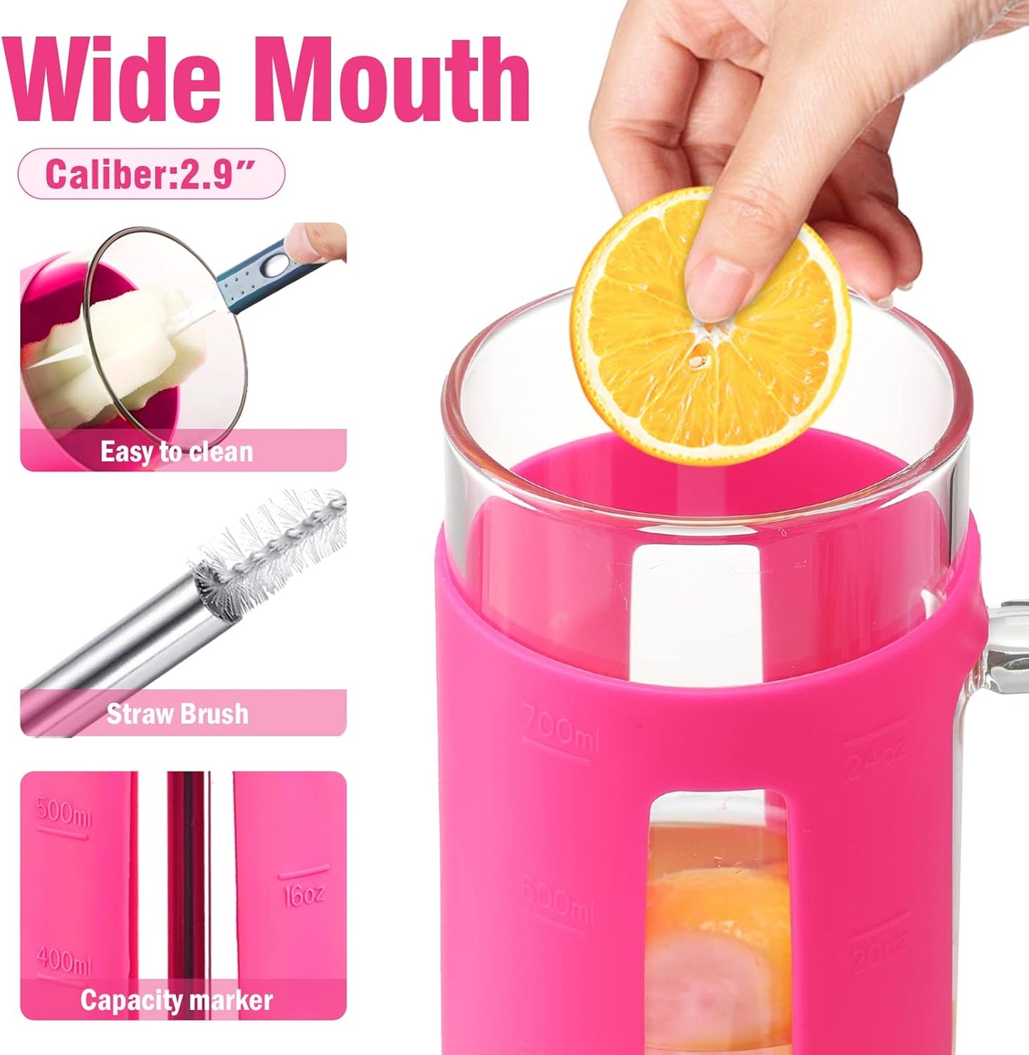 Kodrine 24 oz Glass Tumbler with Handle, Iced Coffee Cup Boba Smoothie Cup, Bamboo Lid Home Office Tumbler, Rose Red