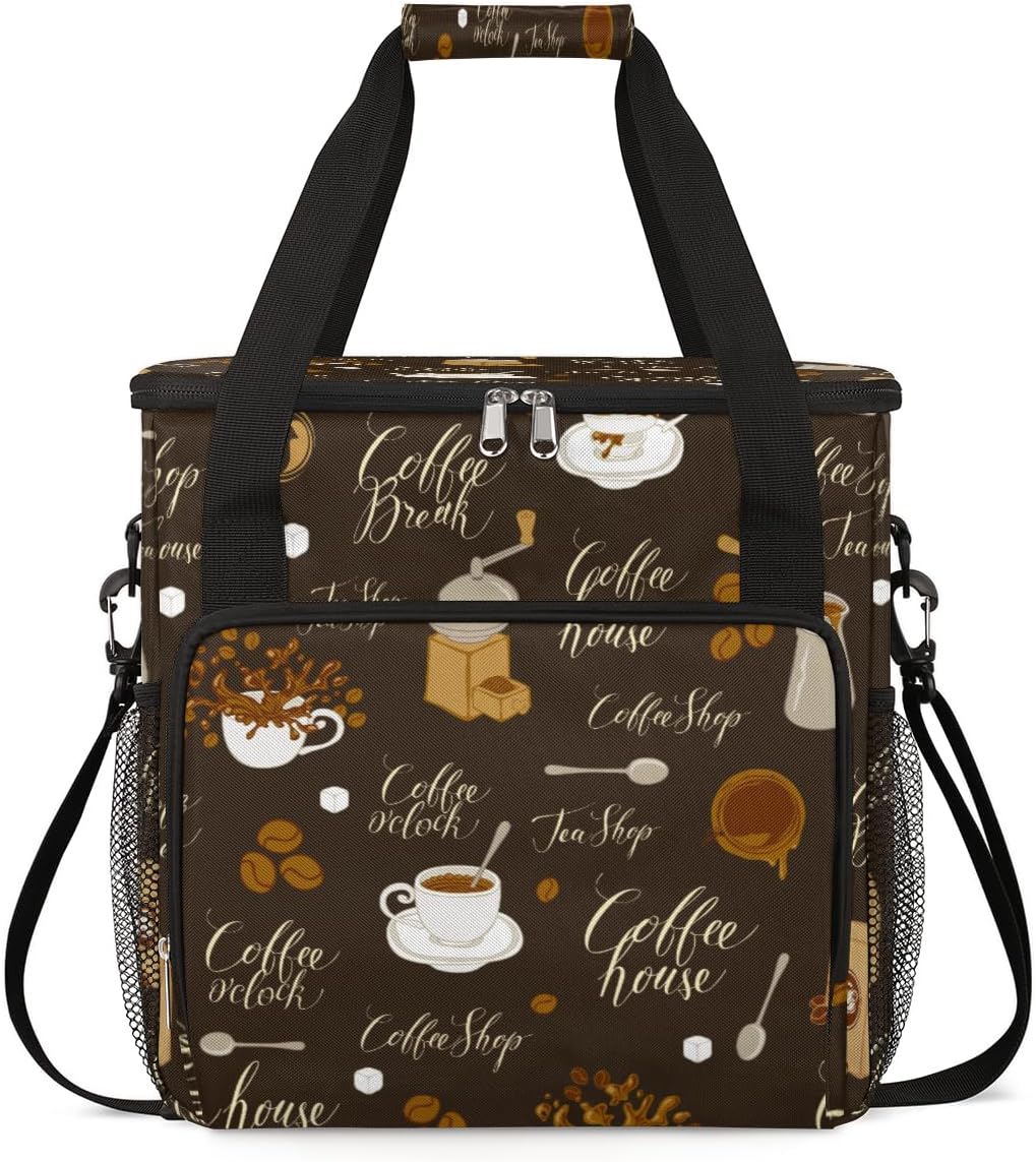 Retro Coffee Coffee Maker Carring Bag Tea and Coffe Travel Carrying Storage Tote Bag Compatible with Keurig K-Mini or K-Mini Plus Portable Single Serve Coffee Brewer Case with Pockets for K-cup Pods