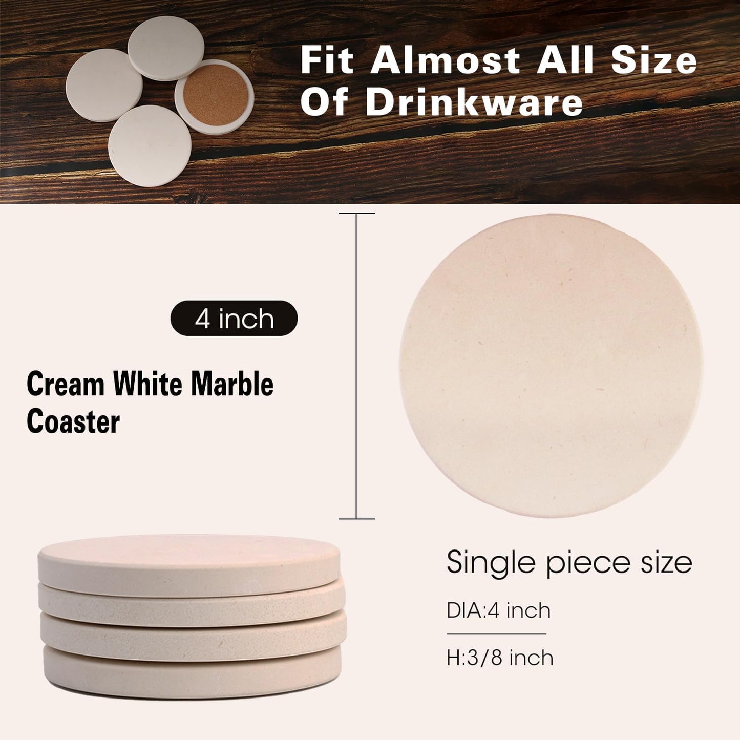 CASACOUTURE- Absorbent Stone Coasters Set of 4 - Round 4" Diameter Cream White Marble Drink Coasters for Housewarming Gift,Genuine Natural Semi