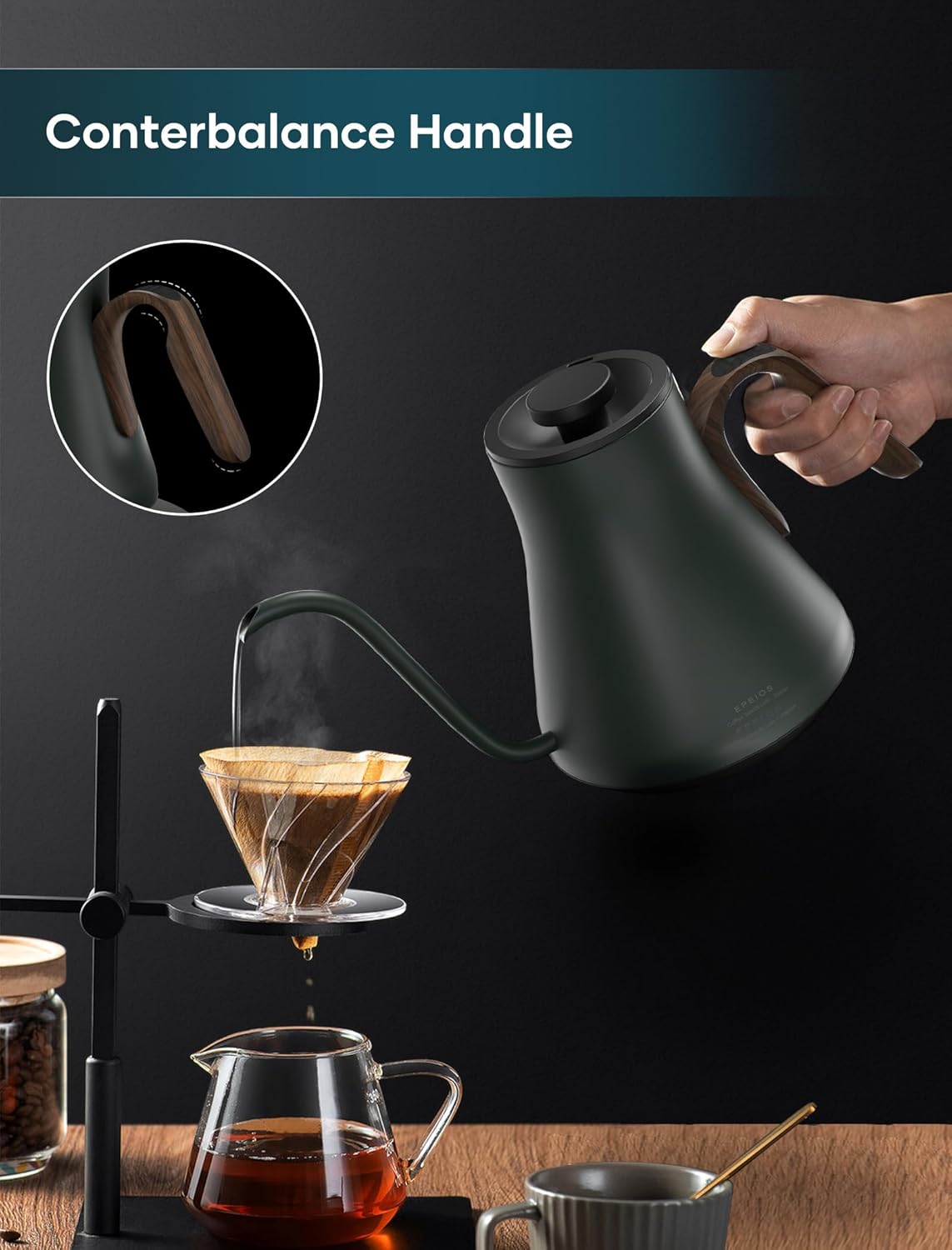 Electric Kettles, INTASTING Gooseneck Electric Kettle, ±1℉ Temperature Control, Stainless Steel Inner, Quick Heating, for Pour Over Coffee, Brew Tea, Boil Hot Water, 0.9L (Forest Green)