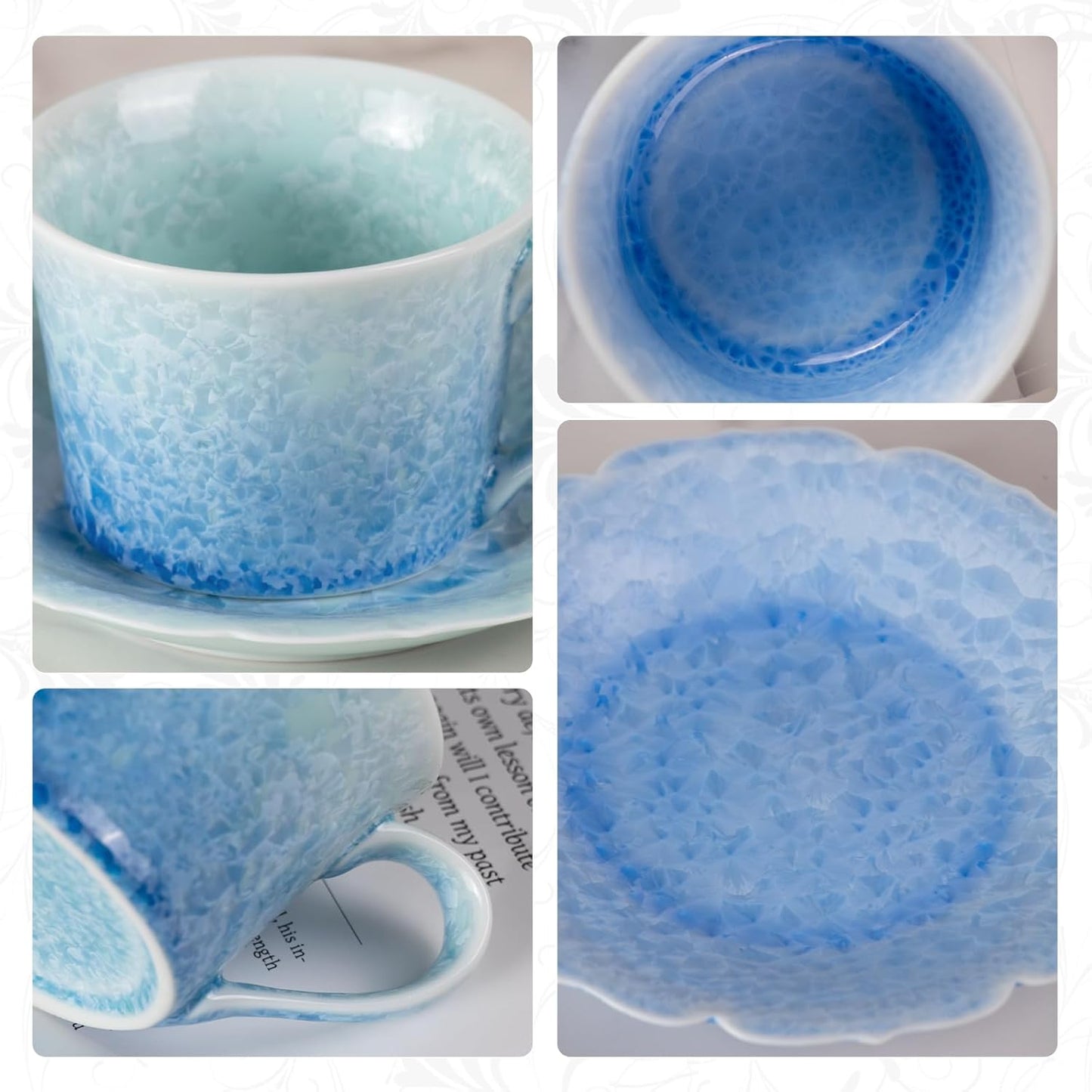 KAMMAK Tea Cups and Saucers Set of 2, Porcelain Coffee Cups, 5oz Crystalline Glaze Espresso Mugs, Ceramic Demitasse for Coffee, Cappuccino, Latte, Americano, Tea (Ice crystal blue + greenish blue)