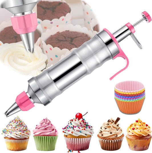Hendiy Dessert Decorating Syringe Set, Frosting Piping Kit Stainless Steels Cake Decorating Kit with 6 Piping Tips & 9 silicone cupcakes, Cupcake Decorating Kit Piping Bags and Tips Set