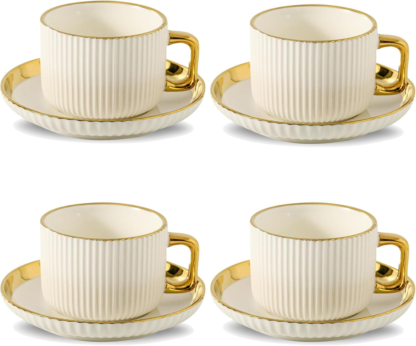 LETAOTAO Cappuccino Cups with Saucers, 8oz Ceramic Coffee Cups with Saucers Set, Latte Art Coffee Mugs with Gold Trim, Tea Cups Set of 4, British/Italian Coffee cups for Cafe Mocha, Double Espresso